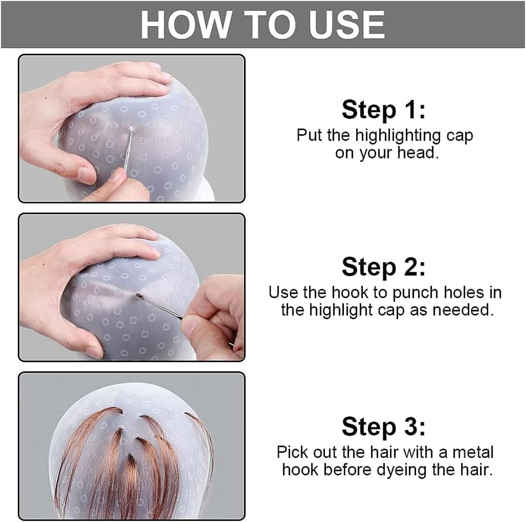 MUNZE Silicone Highlight Cap, Highlight Cap, Reusable Salon Hairdressing Cap, Salon Hair Dye Cap for Women Girls Colouring Hair, with Metal Hook, White, for Women and Girls image number 3