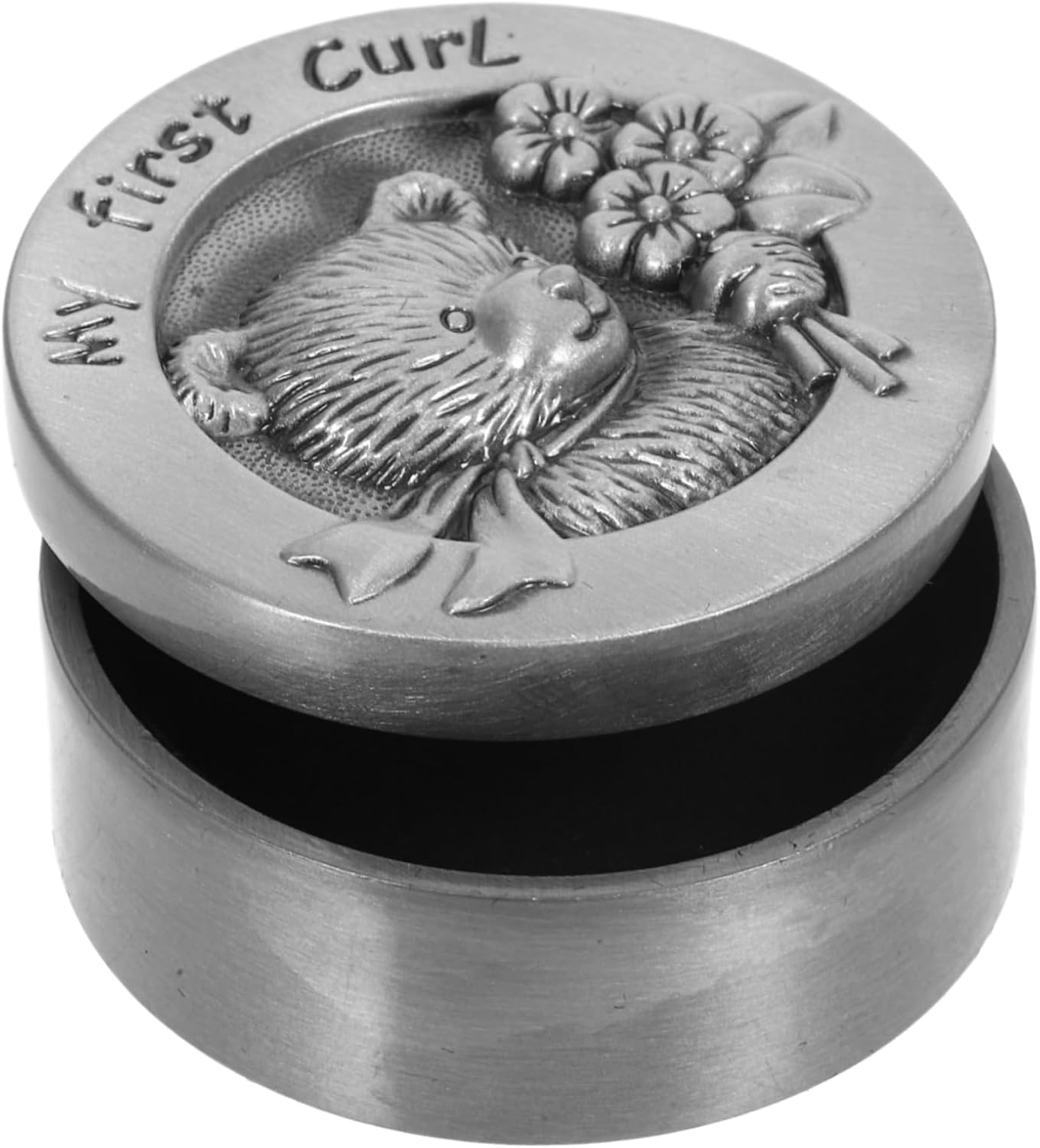 Metal Baby Fetal Hair Box My First Curl Box Infant Keepsake Storage Case Bear Design Antique Pewter for Newborn Memory image number 1