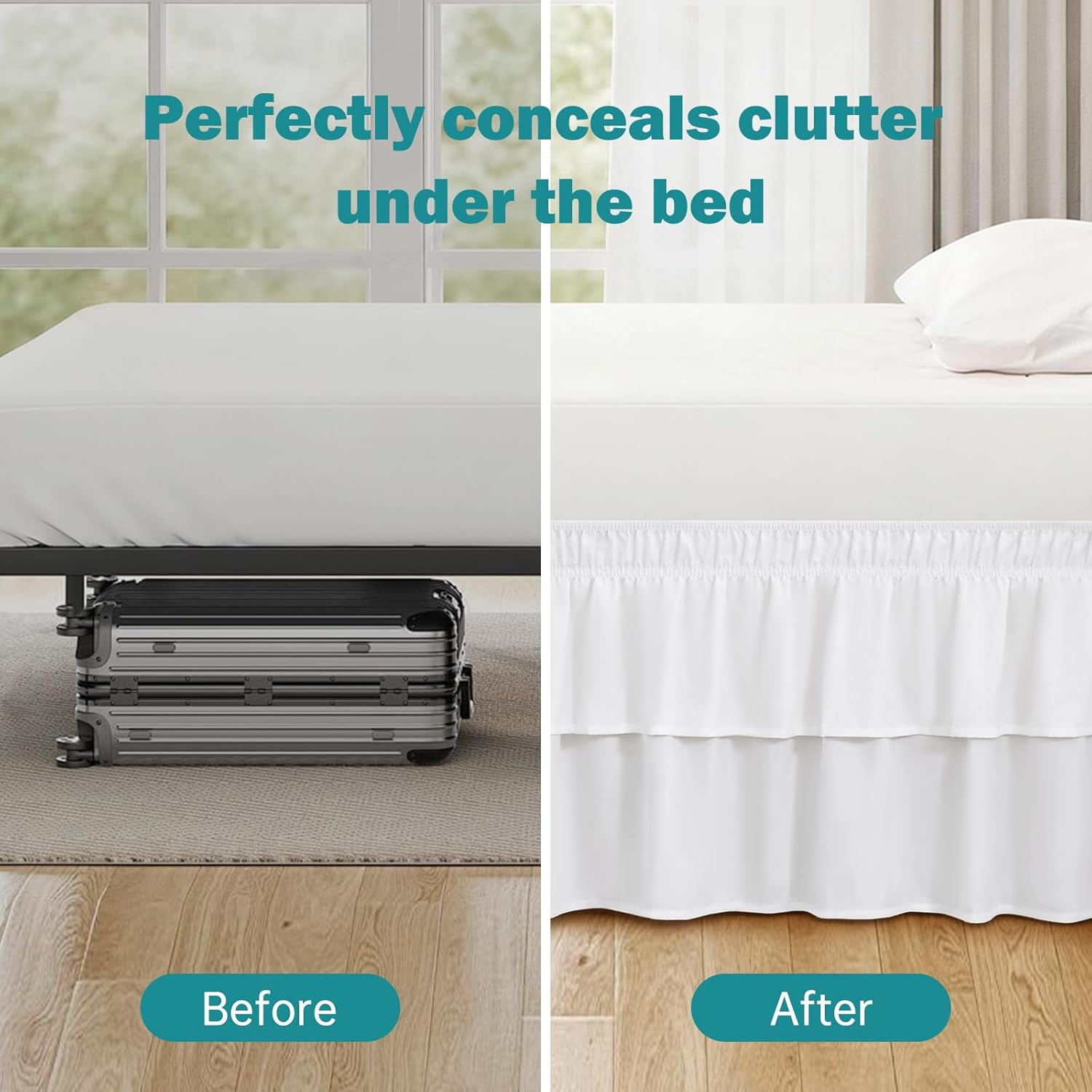 Vocander 2 Layer Bedskirt,White Queen Size Bed Skirt 18 Inch Drop Easy to Put On,Elastic Wrap around Dust Ruffle for Bed Frame & Mattress,Luxury Bedskirt for Adjustable Bed Microfiber Fabric image number 6