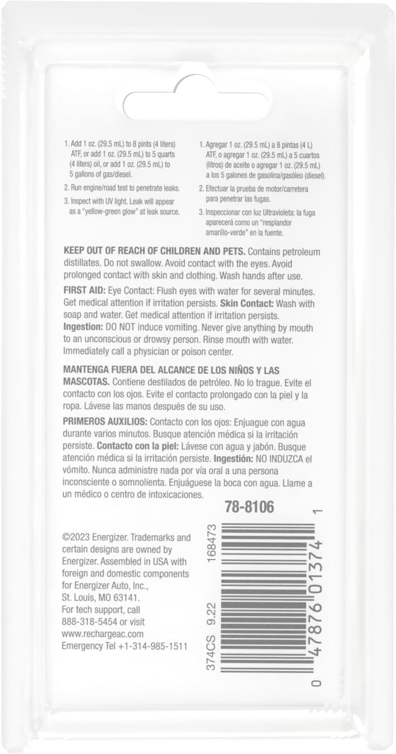 Certified Auto Pro Oil and Fuel System UV Dye Leak Detection for Cars & Trucks & More, 1 Oz, 374CS, Universal