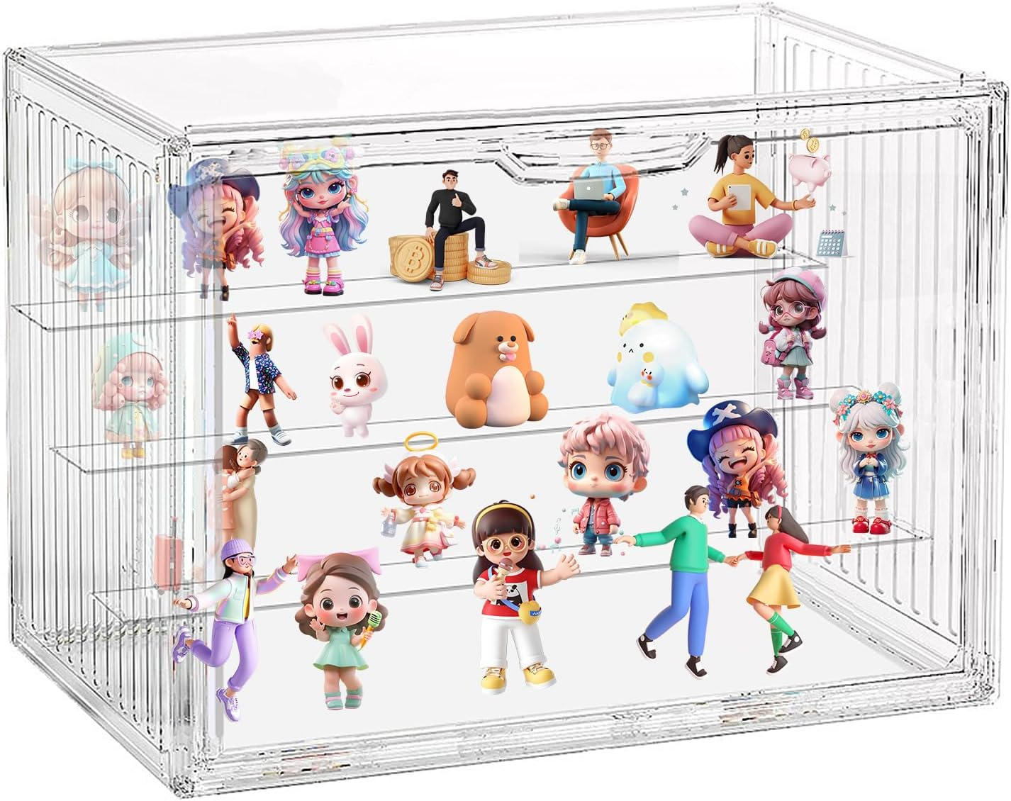 Powerful Acrylic Display Case for Collectibles 4 Layer Stackable& Clear Container Box for Pop Figures Mini Toys Car Model Wallet Book Organization(With Cute Stickers)
