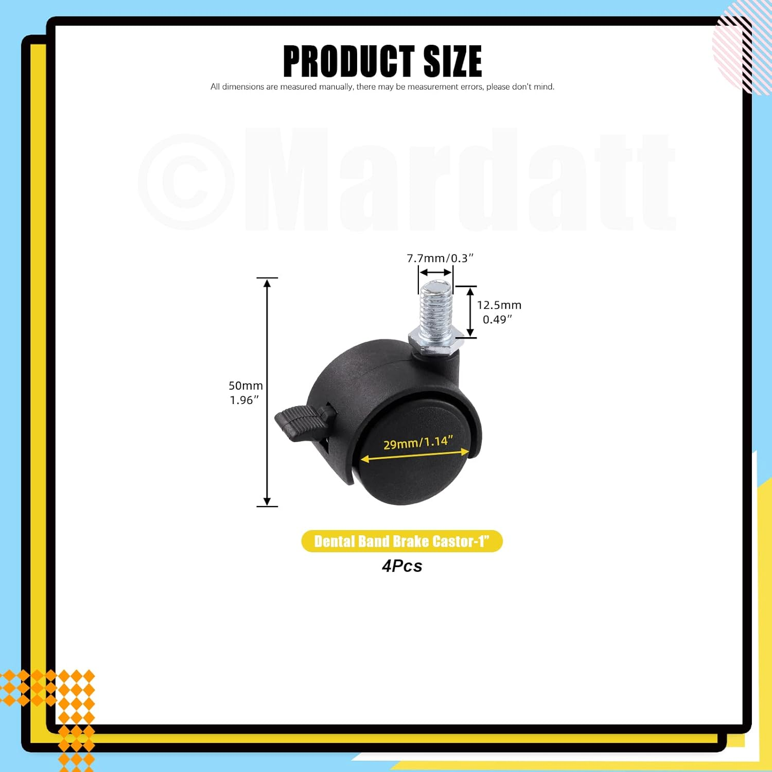 Mardatt 4Pcs 1 Inch Nylon Swivel Caster Wheel with Brake, M8 X 13Mm Threaded Stem Casters Heavy Duty Office Chair Caster Wheels Replacement for Protecting Furniture Wheel Shelf Floor image number 5