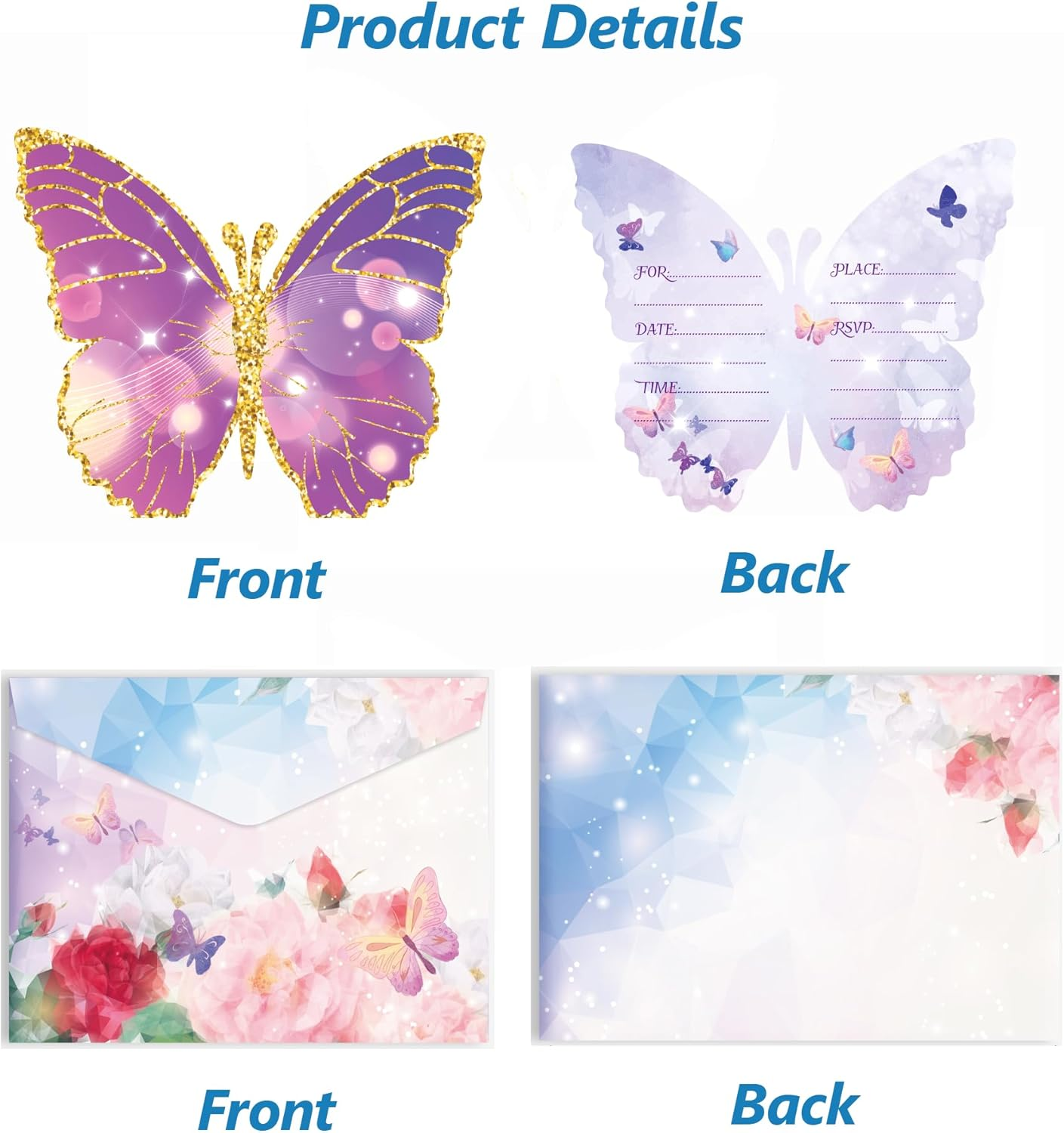 German Birthday Invitations, 12PCS Butterfly Party Cards with Fancy Envelopes and Seal Stickers, Kids Party Invitations with Stickers image number 3