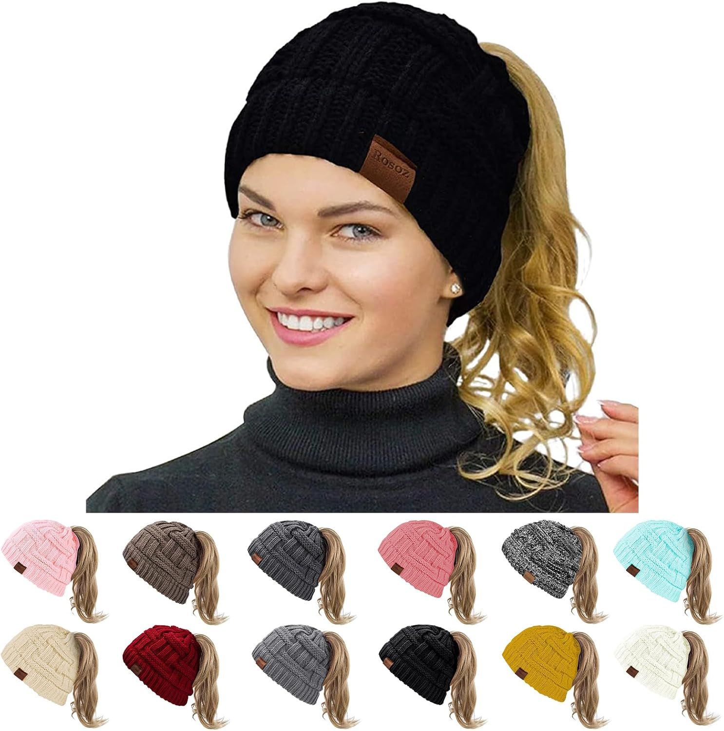 Rosoz Ponytail Beanie for Women,Winter Warm Beanie Tail Soft Stretch Cable Knit Messy High Bun Hat
