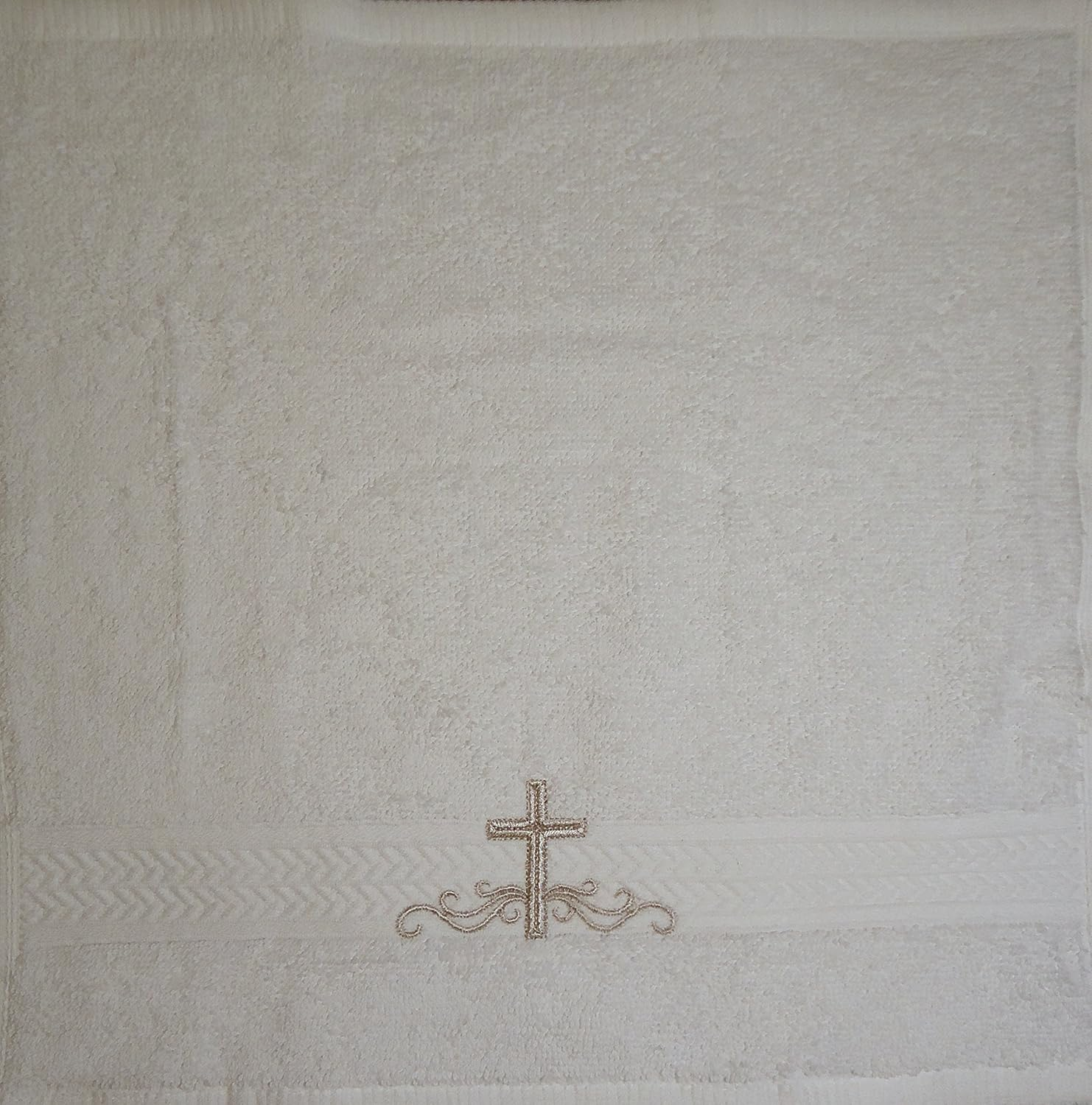 Integrity Designs Linen Cotton Terrycloth Baptism/Christening Cloth White with Silver Cross Embroidery 100% Cotton Premium Quality 13 X 13 Inch Size Quantity of 1 per Package Elegant and Practical Heirloom Baby Keepsake Gift image number 1