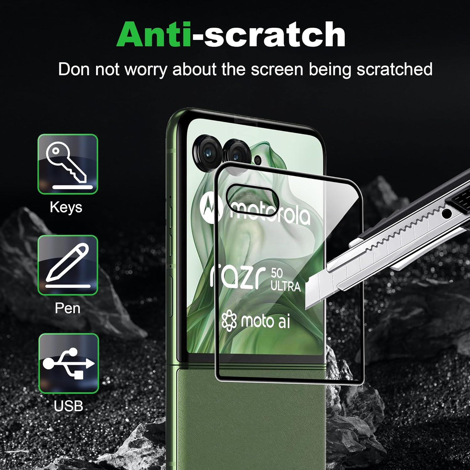 Rojeuinn Tempered Glass for Motorola Razr 50 Ultra 5G, Pack of 2 Soft Protective Film + 1 Piece Secondary Screen + 2 Pieces Tempered Glass for Rear Camera, HD Screen image number 2