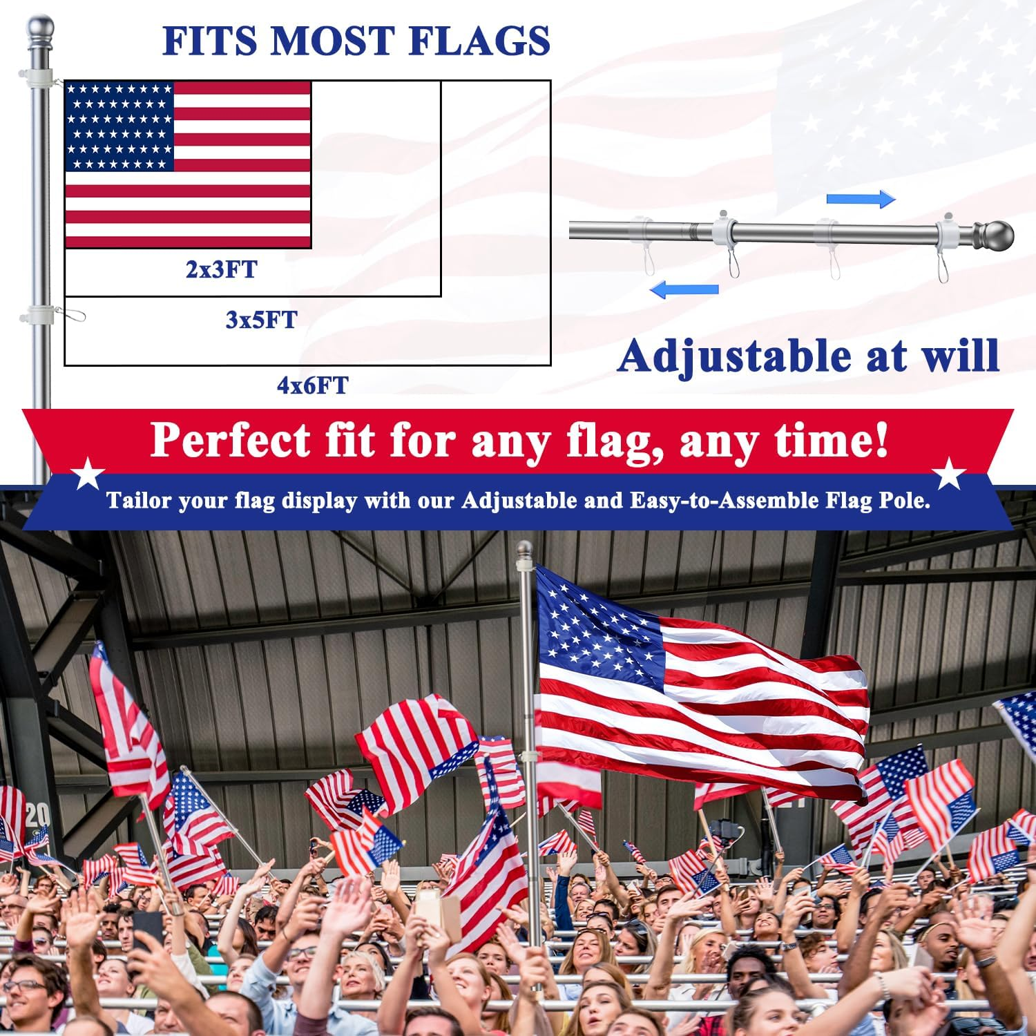 PHITRIC Flag Pole, Tangle Free Spinning Stainless Steel Rustproof Flagpole for 3X5 Sports Fan Outdoor Flags for outside House (Silver, 5FT, without Bracket) image number 5