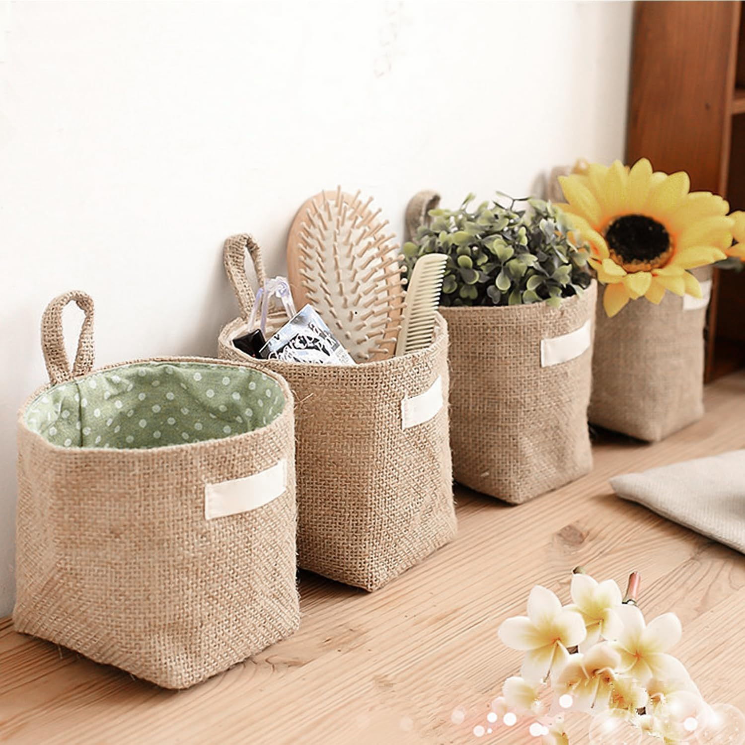 4 Linen Hanging Bags, Storage Bags, Hanging Storage Baskets, Desk Organisation, Foldable Storage Baskets, Removable and Foldable, with S Hooks, Toy Storage image number 2