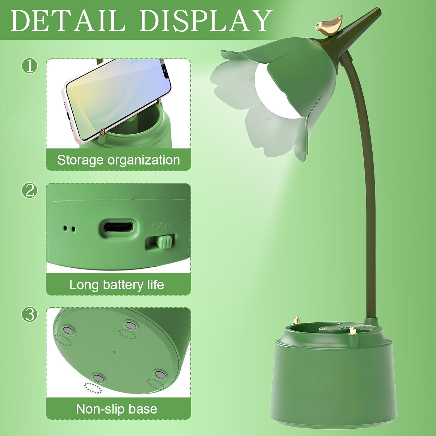 Flower LED Desk Lamp with Pen Holder for Children, Dimmable Table Lamp, 3 Colour Temperatures, Flexible Reading Lamp, Eye-Friendly Desk Lamp, Table Lamp, Foldable Bedside Lamp for Learning (Green) image number 6