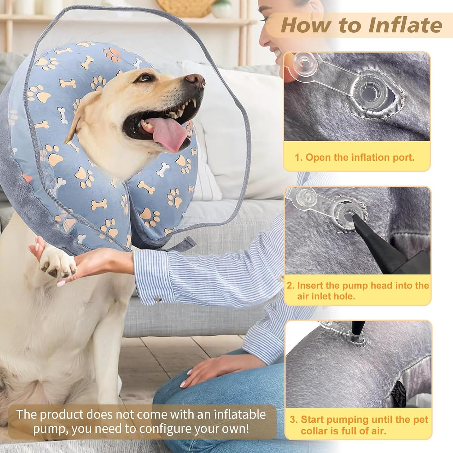 Inflatable Dog Cone Collar - Soft & Comfortable Collar for Small/Medium Dogs, Adjustable Donut Collar to Prevent Licking Wounds & Stitches, Cute Pattern Pet Surgery Protection (Grey, S) image number 2