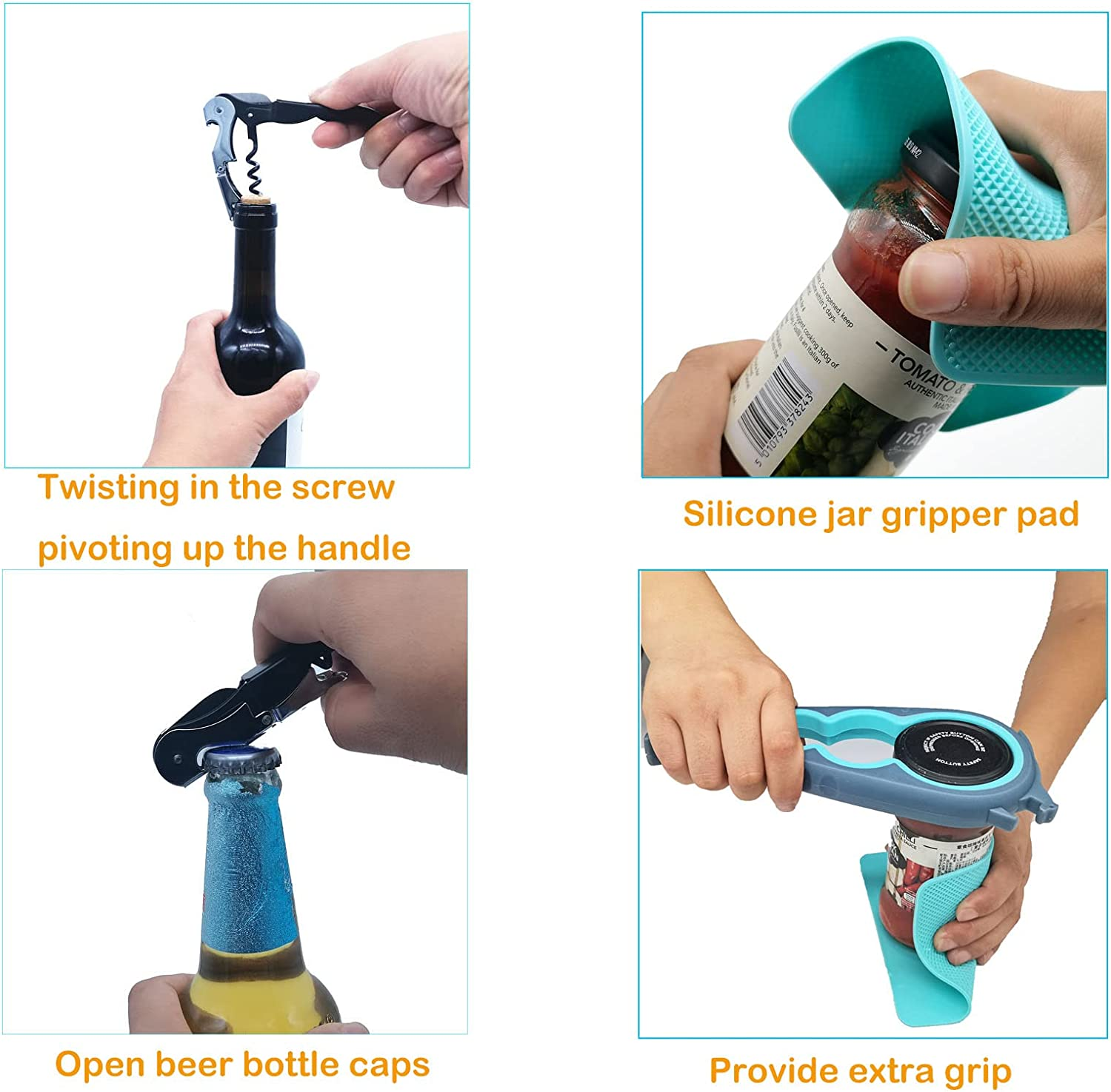 Latest Jar Opener Bottle Opener for Weak Hands,Seniors with Arthritis,Low Strength and Children, Multi Opener Set with Rubber Jar Gripper Pad and Corkscrew Wine Opener image number 5
