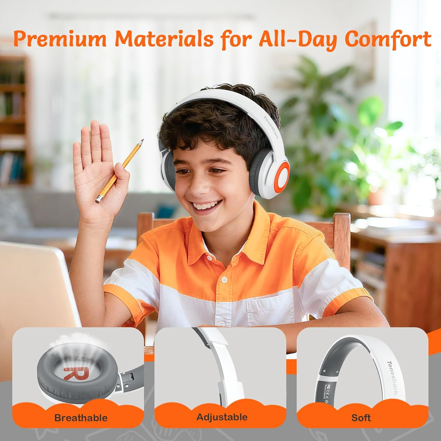 TONOSHARK Kids Headphones Wireless Lightweight, Active Noise Cancelling Headphones for Kids, 60H Playtime, Bluetooth Over-Ear Headset for Home/School/Travel - Includes Portable Case (White) image number 6