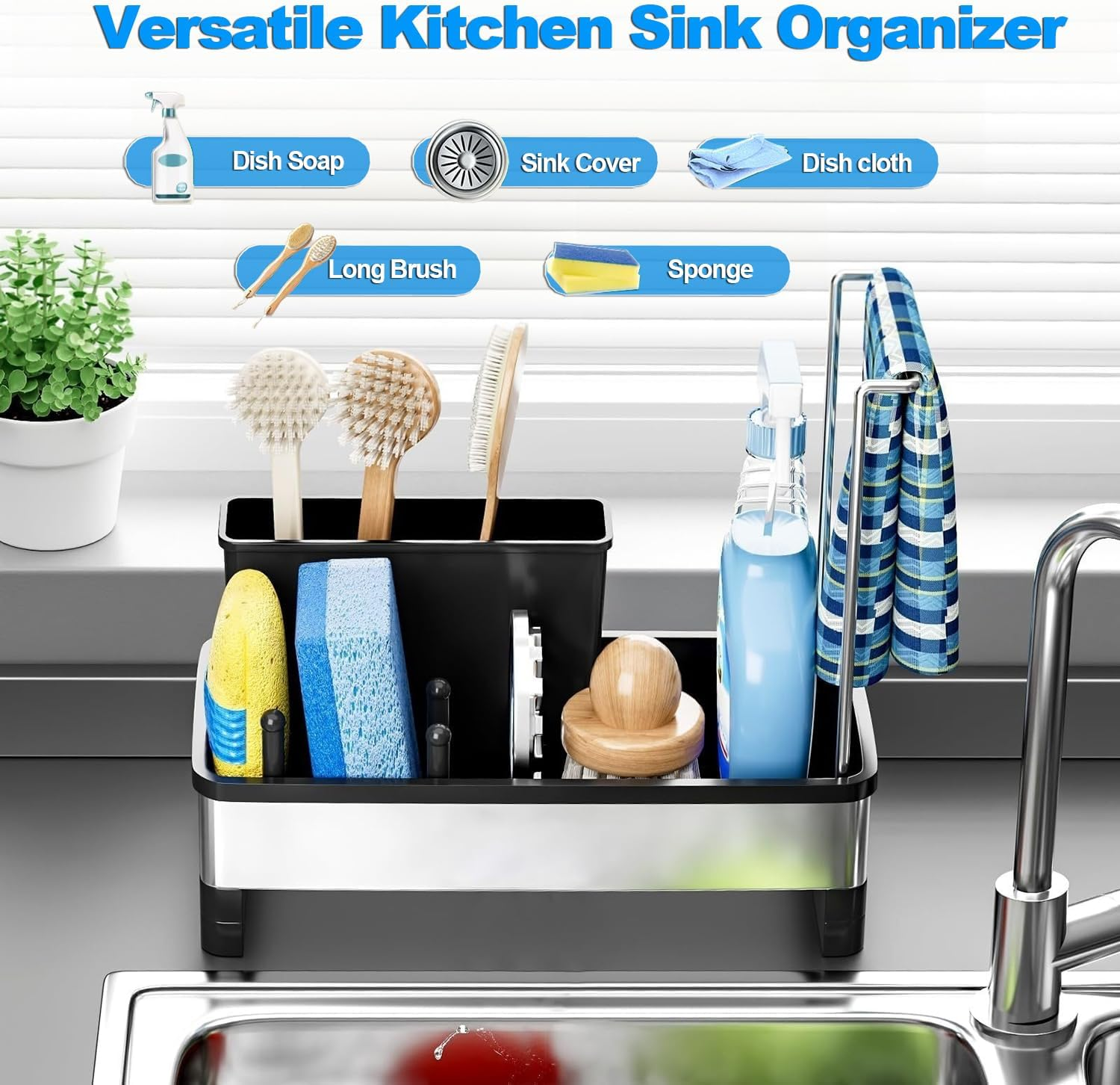 AIMANWEI Kitchen Sink Caddy Organiser,Sponge Holder for Kitchen Sink with Self Draining Tray,Rag Holder,Brush Holder,304 Stainless Steel,Soap Dispenser Storage Accessories for Storage image number 2