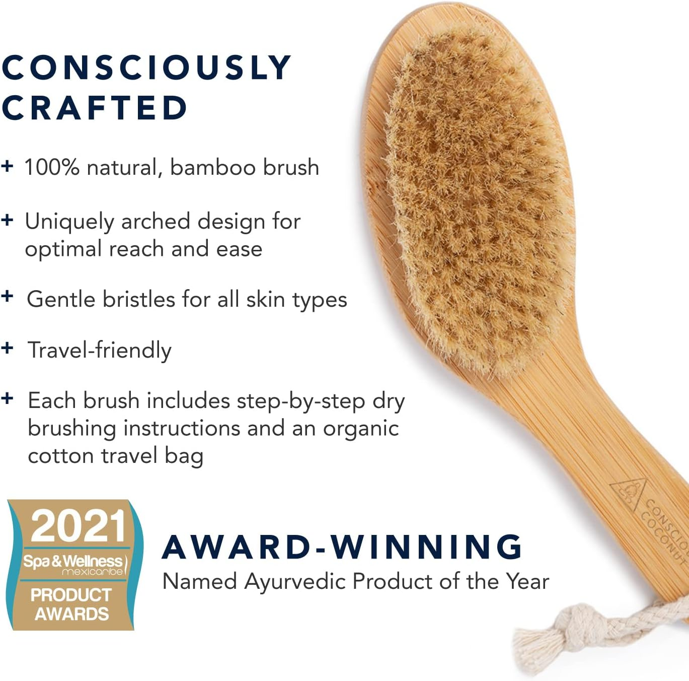 Conscious Coconut Dry Brush - Sustainable Bamboo Body Scrub Brush with Travel Bag and How-To Dry Brush Guide for Skin Care, Great Gift for Self Care, Exfoliating, Cellulite, Dry Skin - image number 4