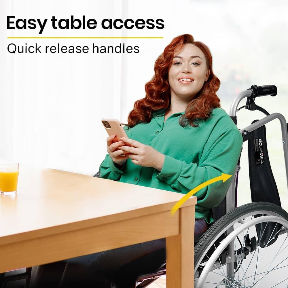 "Equipmed Folding Wheelchair XXL Extra-Wide Bariatric Seat, Aluminium Frame, 150Kg Capacity, 24 Inch Wheels, Park Brakes, Black"