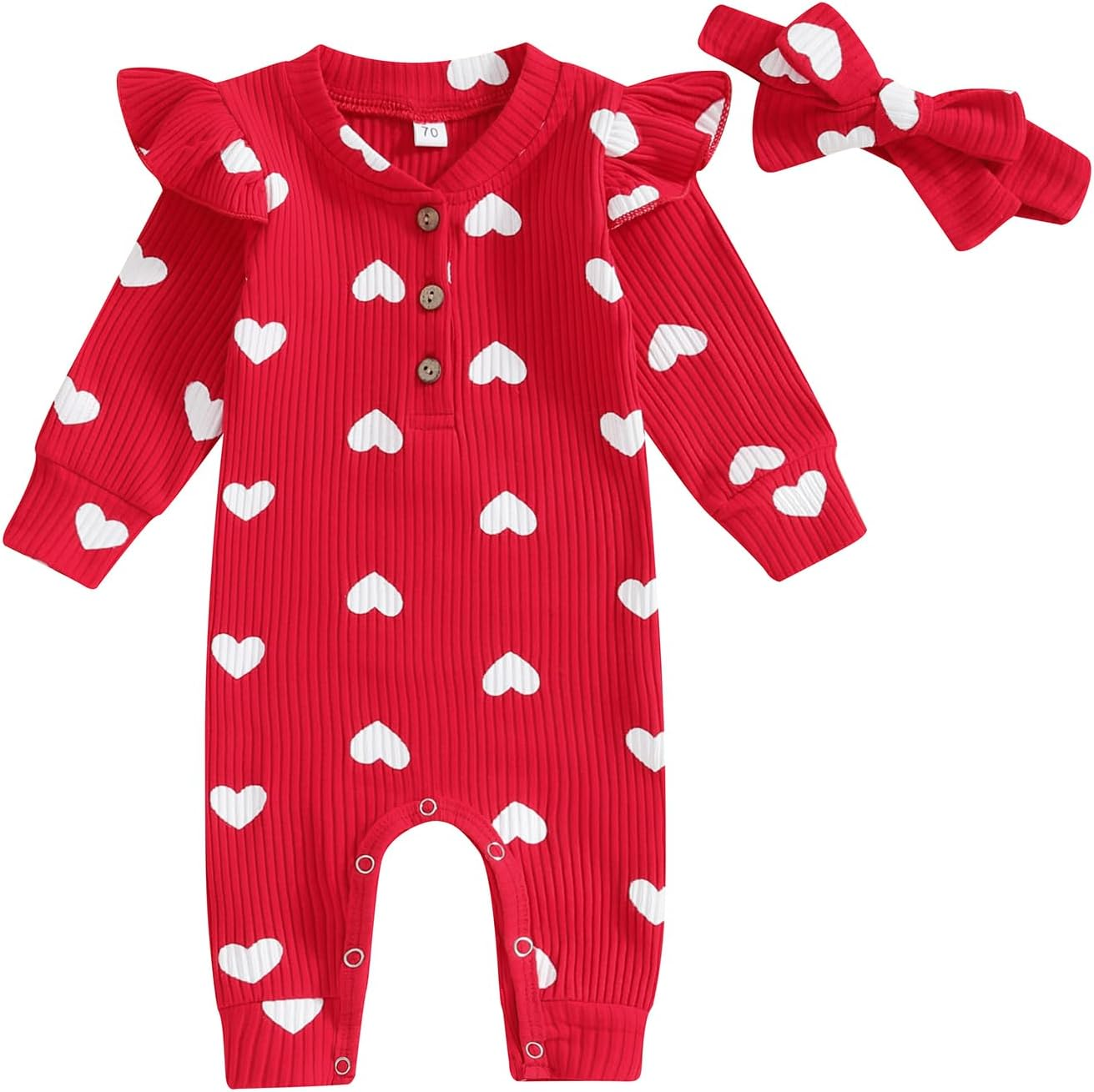 Suolongsama My First Valentines Day Baby Girl Outfit Newborn Long Sleeve Button Jumpsuit Heart Knit Romper Headband