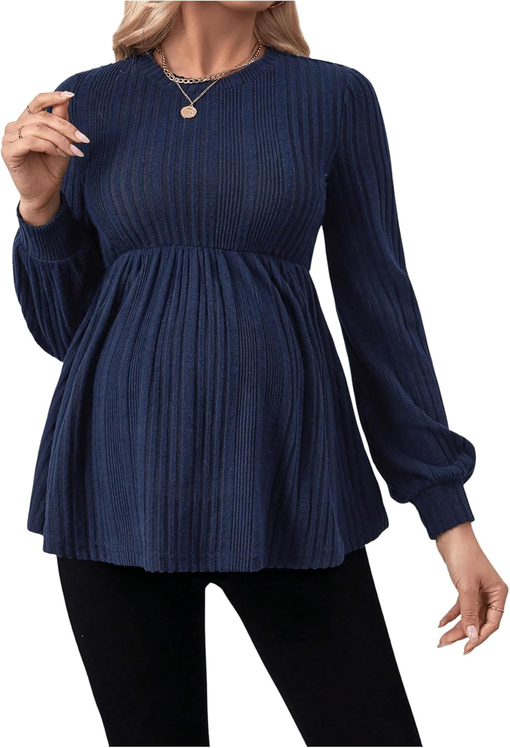 MAKEMECHIC Women'S Maternity Tee Shirt Crew Neck Rib Knitted Long Sleeve Peplum Tops image number 3