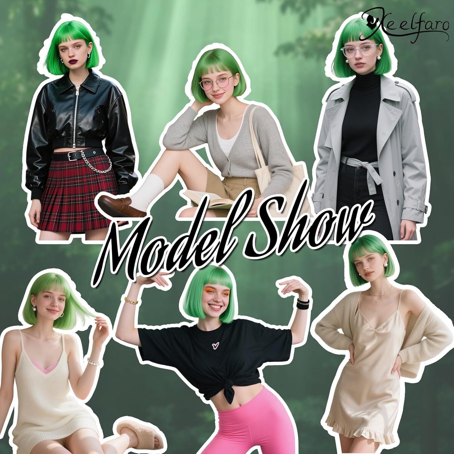 Xeelfaro Green Straight Bob Wig for Women Full Head with Bang & Natural Movement, Soft 10Inch Wig for Stylish Transformations (Green, 10Inch) image number 2