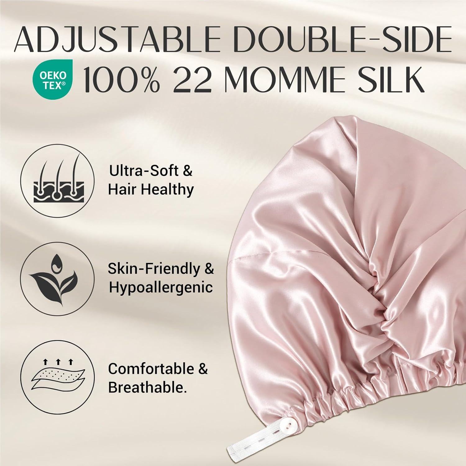 ZIMASILK 100% Silk Bonnet for Sleeping, 22 Momme Adjustable Mulberry Silk Cap for Women Hair Care, Double-Layered Highest Grade 6A Sleep Hair Wrap, Non-Slip Design (1Pc, Pink) image number 4