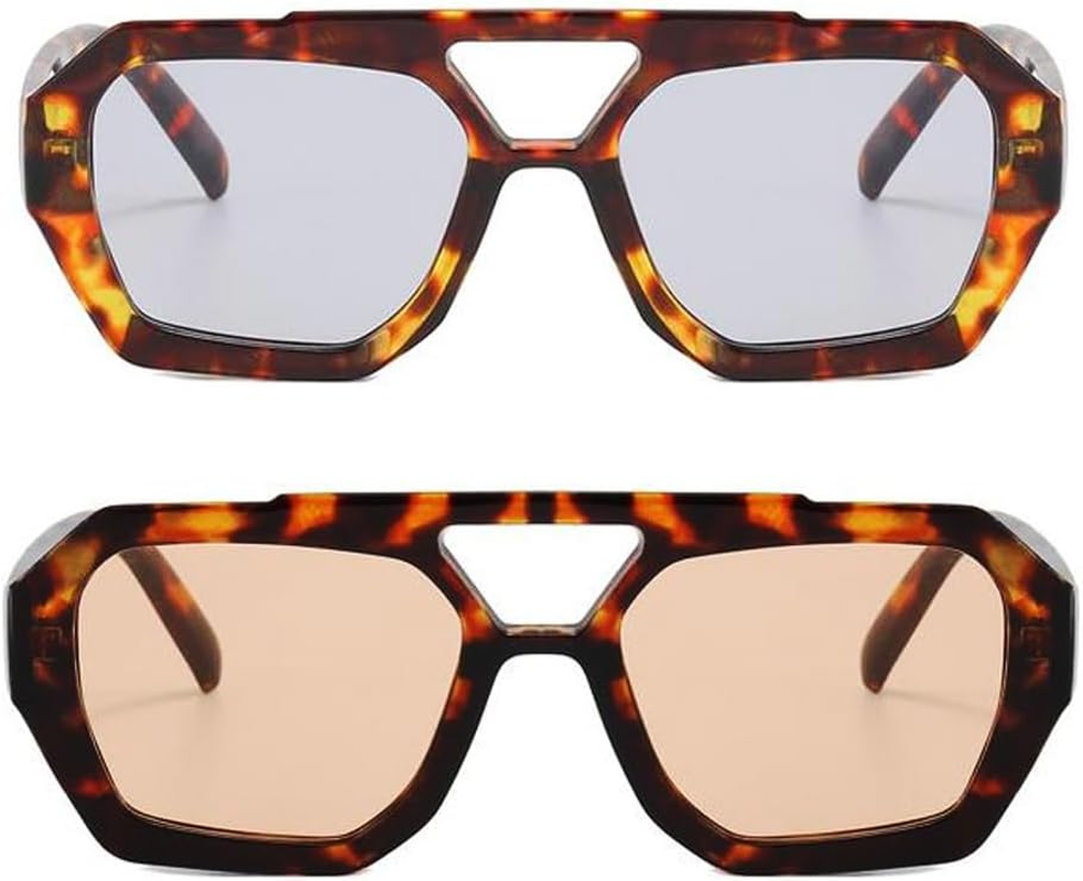 BAODAREN Trendy Aviator Sunglasses for Women Men Hexagonal Square Thick Frame Double Bridge Sun Glasses Shades BS1300 - Black/Grey image number 5