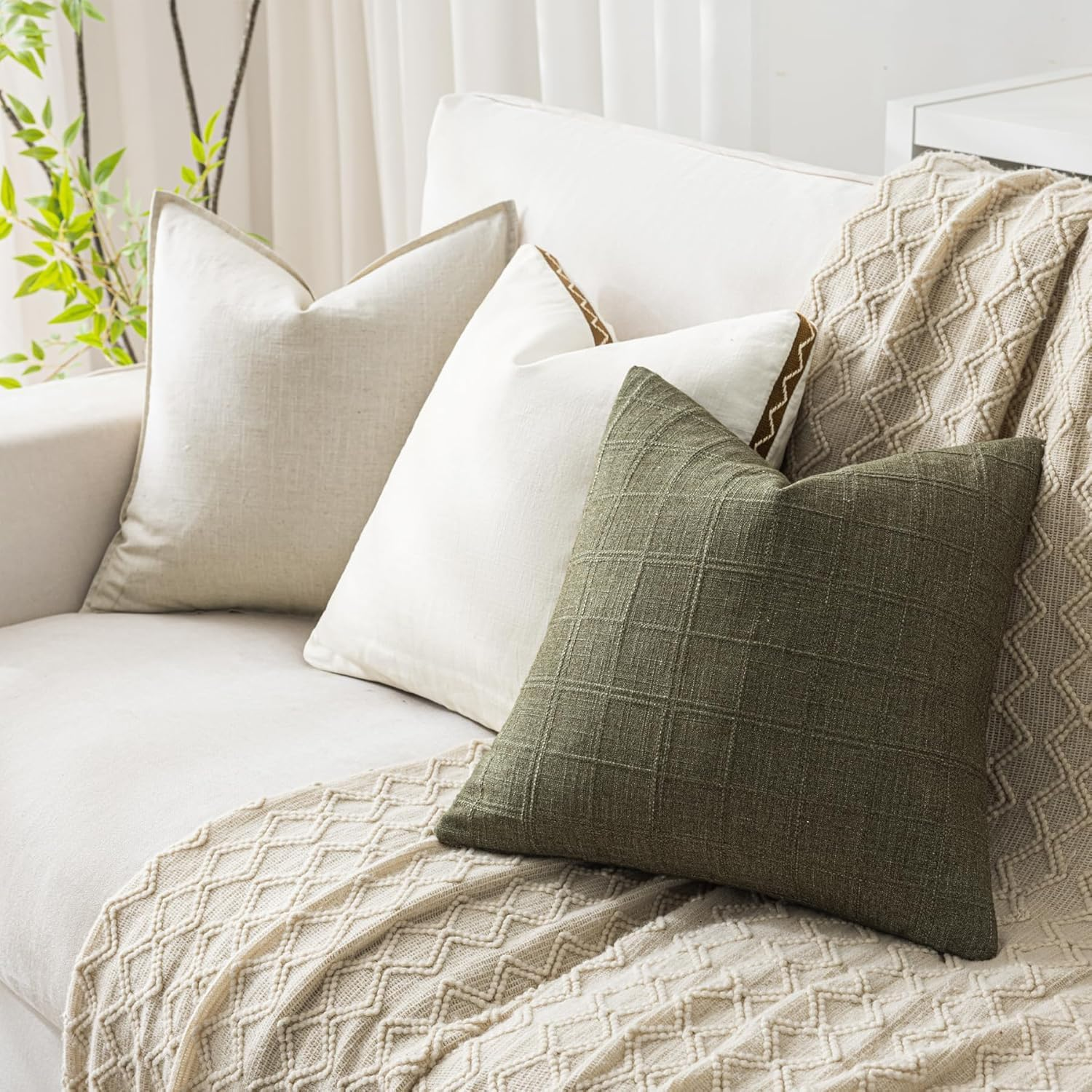 Linen Throw Pillow Covers 20X20 Inch Set of 2, Olive Green Moss Green Vintage Plaid, Neutral Rustic Boho Farmhouse Decor for Couch Bedroom Living Room, Christmas & Modern Style image number 4