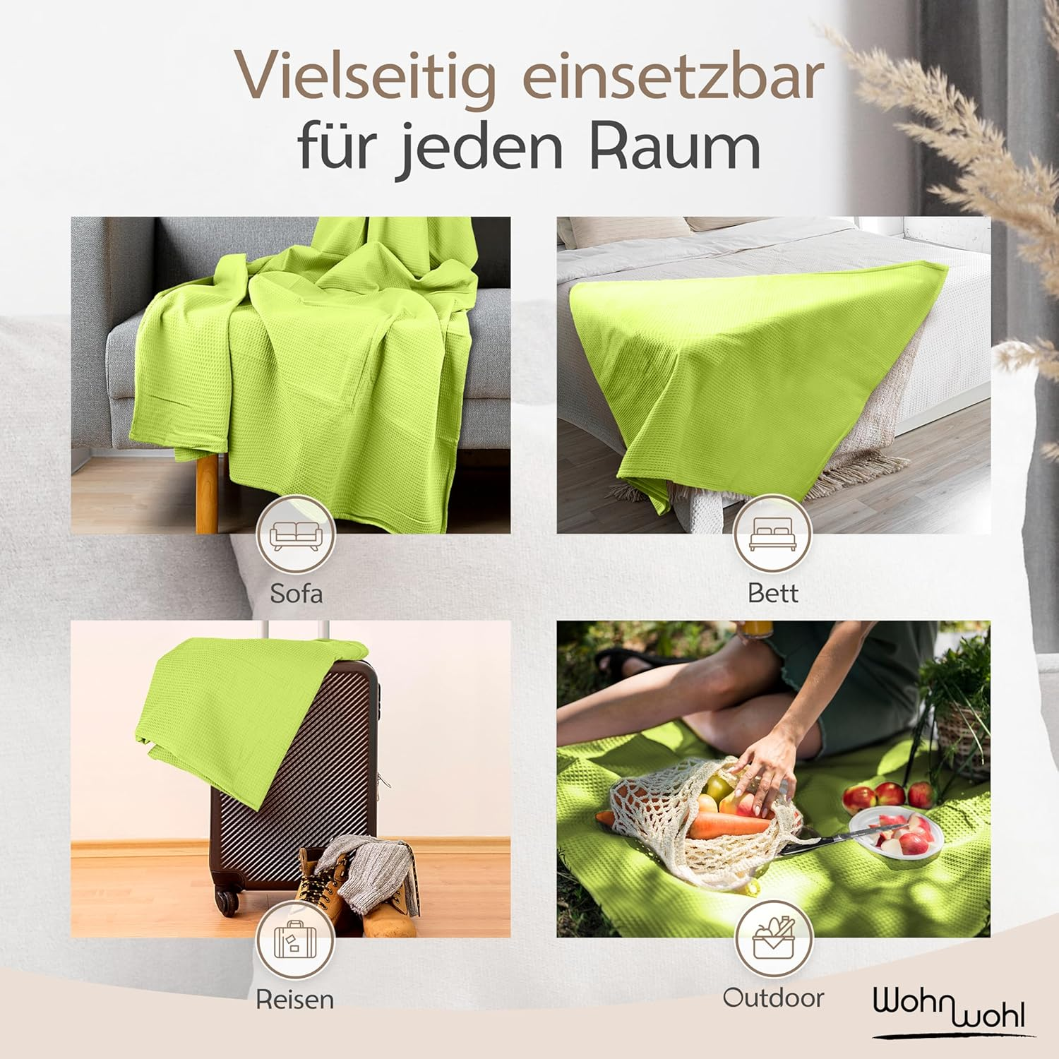 WOHNWOHL Bedspread 220 X 240 Cm &bull; Waffle Pique Lightweight Summer Blanket Made of 100% Cotton &bull; Airy Sofa Blanket Versatile &bull; Easy Care Blanket &bull; Cotton Blanket Colour: Green image number 2