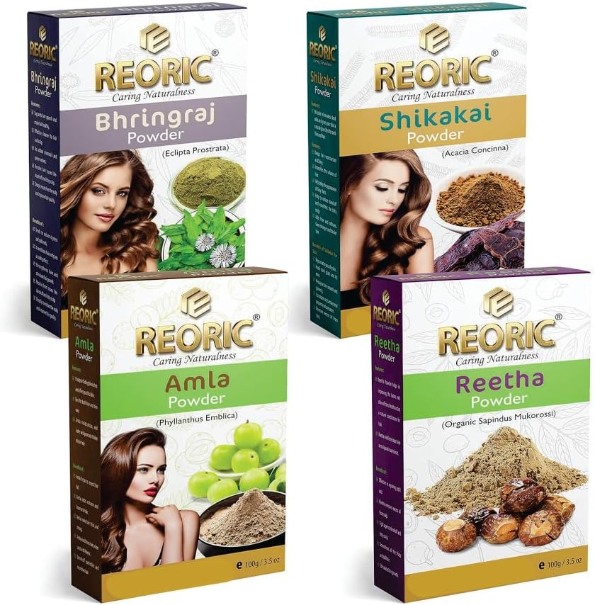 Reoric Reetha Amla Shikakai Bhringraj Powder |Aritha Powder |Soap Nuts for Hair |Indian Gooseberry Powder |Shikakai Powder |Acacia Concinna |Bhringraj Powder |Eclipta Alba(400G, Pack of 4) image number 1