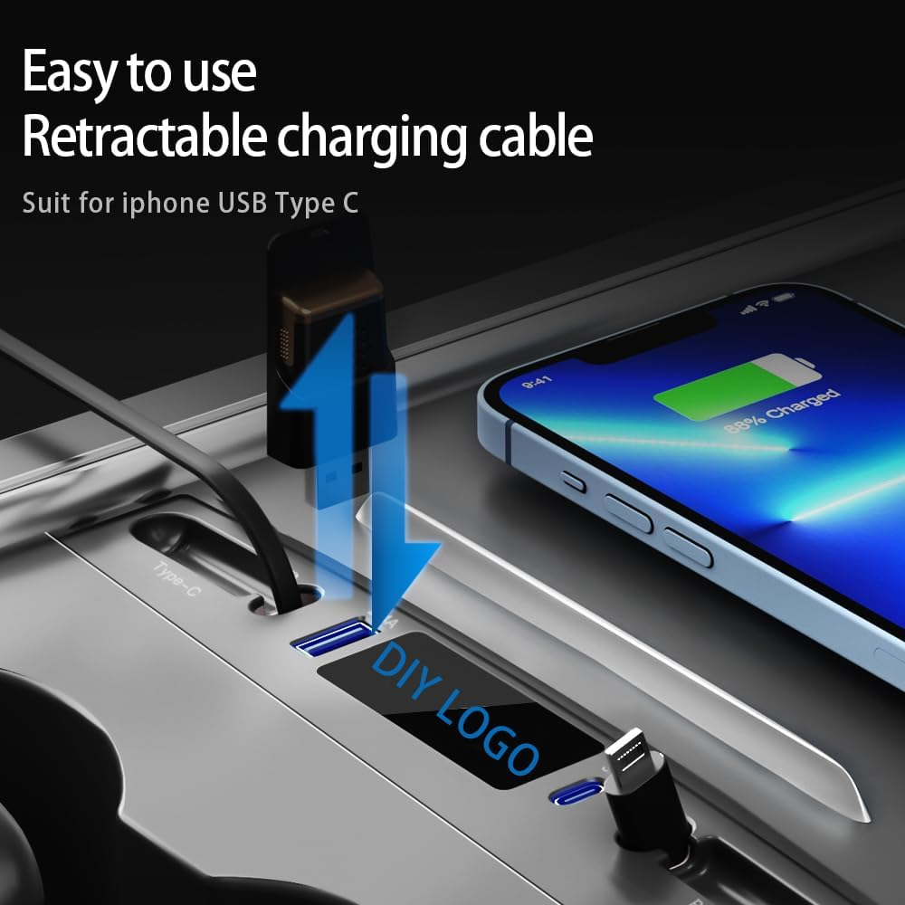 Gwydre Retractable Hub Docking Station for 2021 2022 2023 Tesla Model 3/Y,Car USB Hub for Tesla Model 3 Model Y Accessories,Car Fast Charger for Tesla Model 3/Y, PT-TSL-2-1, 1 Lightning 1 Type-C image number 3