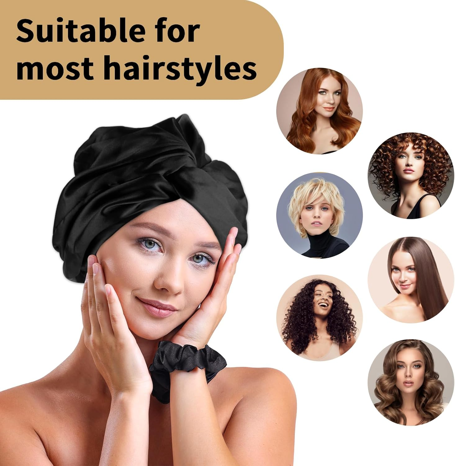 Silk Hood for Sleeping - Sleep Cap Silk for Hair Overnight Healthy, Preserves Curl Shape, Prevents Frizz & Hair Breakage, Silk Bonnet Silk for Women with All Hair Types (Black) Kaempe image number 2