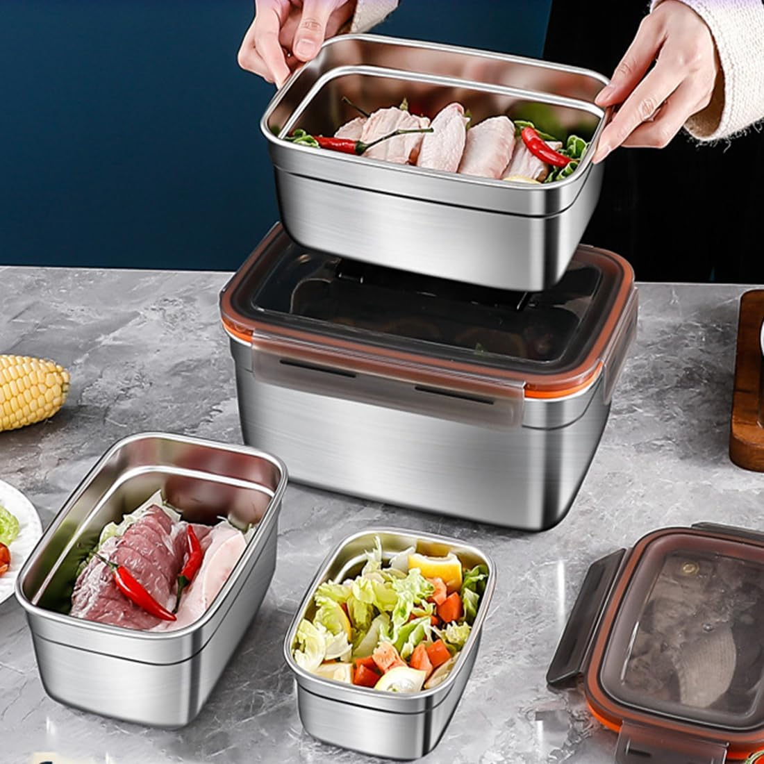 SYAMEET 4-Pack Food Storage Containers with Airtight Lids,Stainless Steel Bento Lunch Box, Leak-Proof Metal Food Storage Boxes for Kitchen, Fridge & Travel, 550Ml/1100Ml/1900Ml/3500Ml Sizes, Bpa-Free image number 6