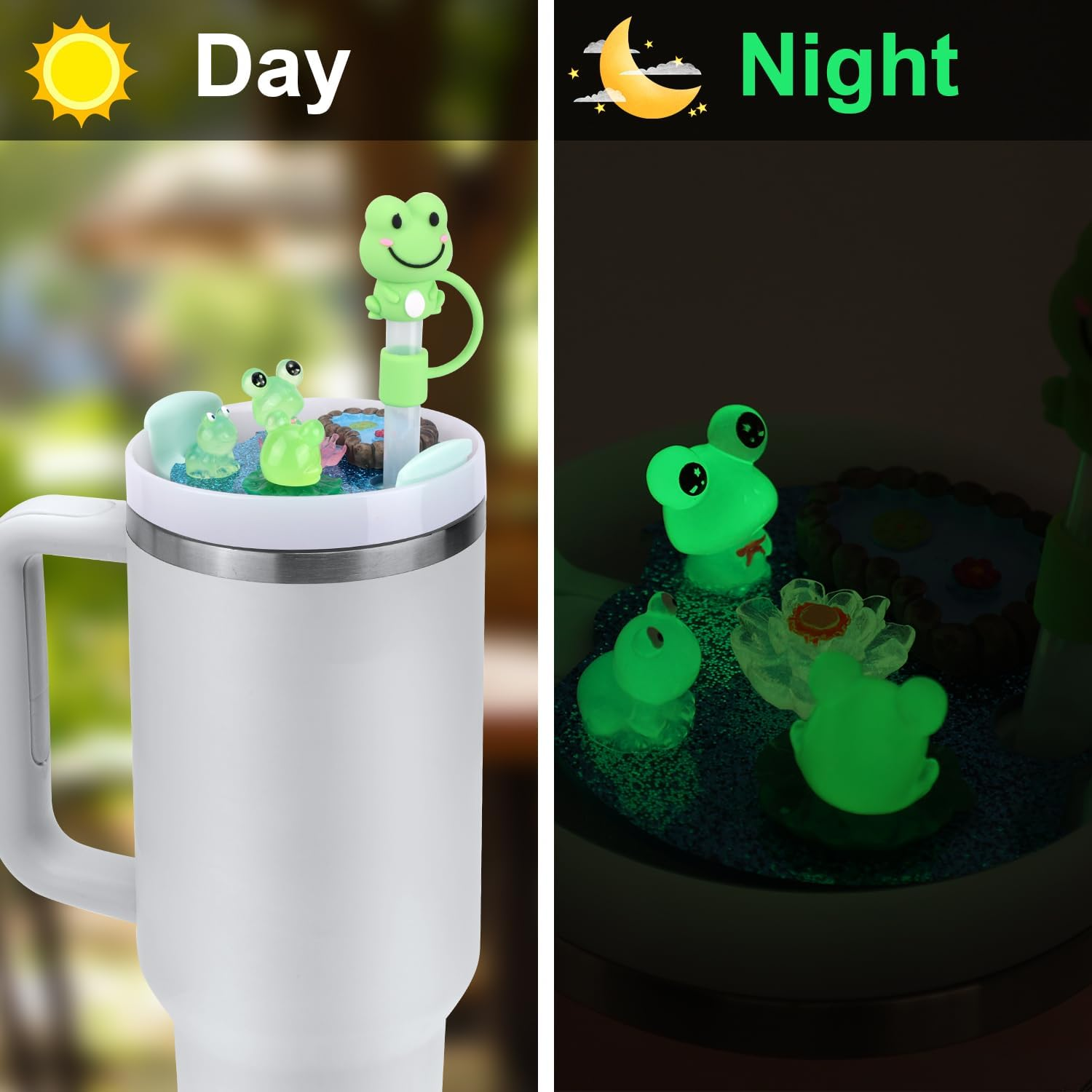 NQEUEPN Luminous Frog Pond Cup Lid Charms for Stanley Bottle 30Oz, with Cute Frog Silicone Straw Cover Cap Glow-In-The-Dark Name Plate DIY Tumbler Lid Topper for Stanley Cup Charms Accessories