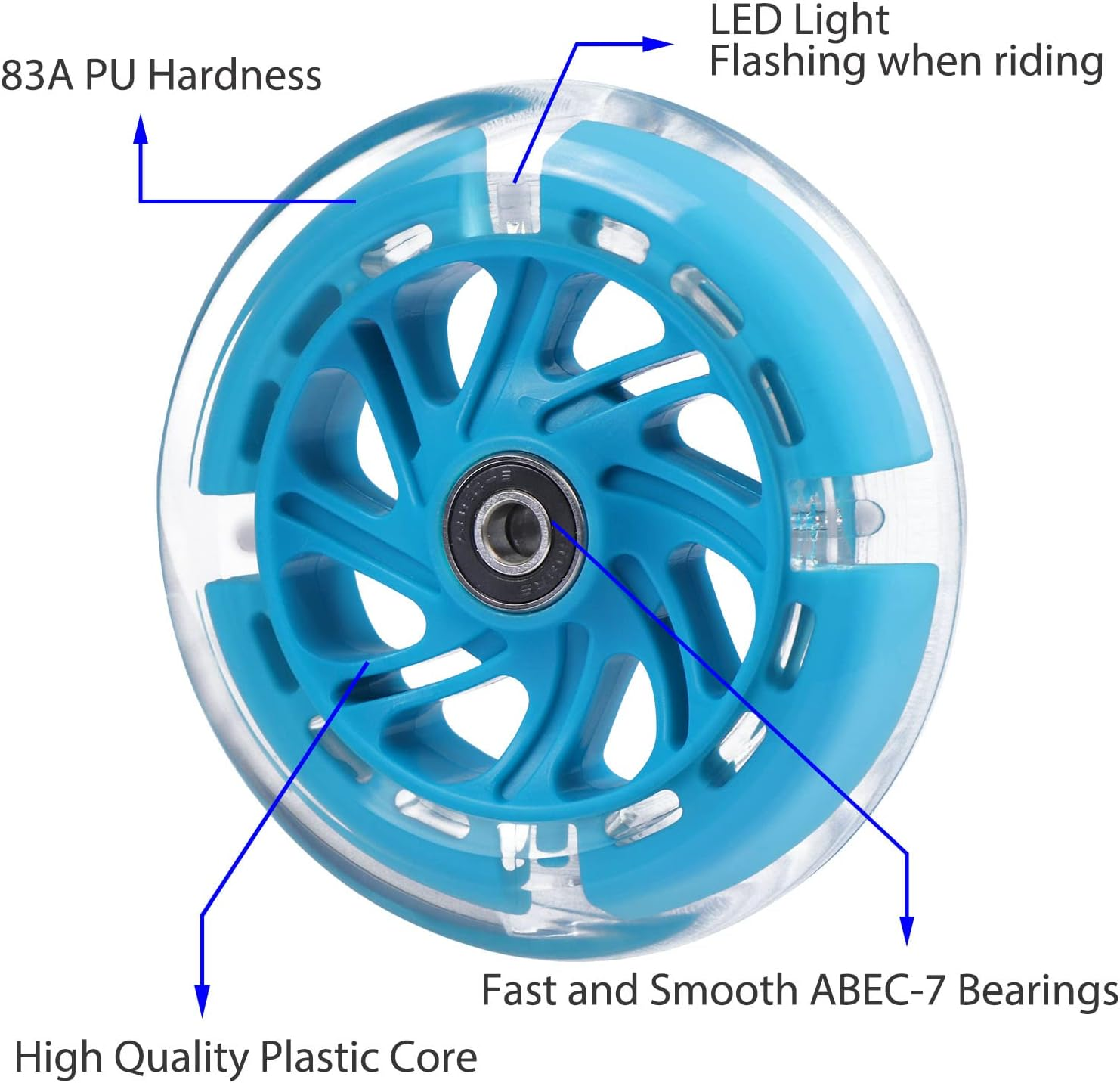 120Mm Light up Flashing Scooter Front Replacement Wheels W/Bearings for Kids 3-Wheeled Kick Scooters (Blue) image number 3