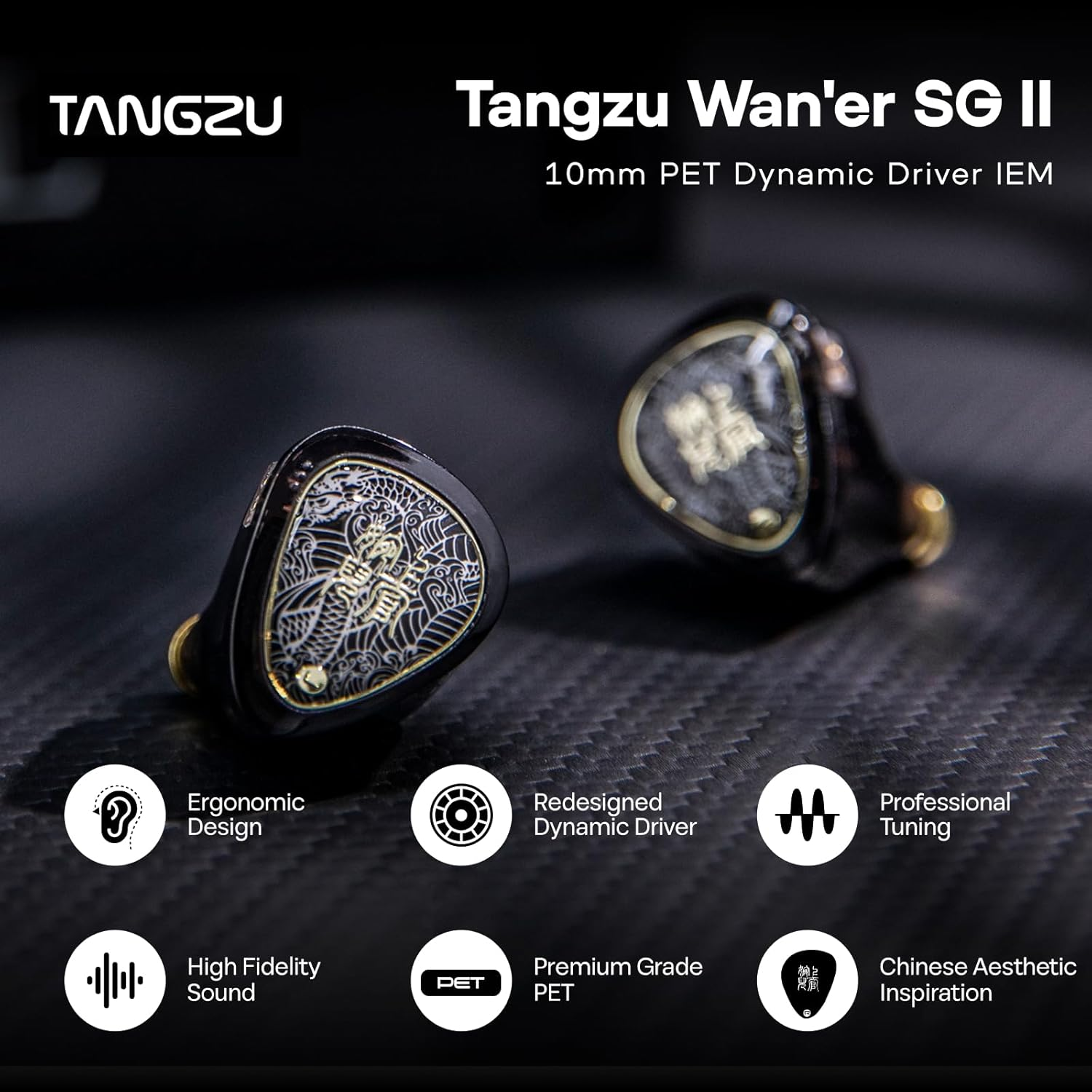 Linsoul TANGZU Wan'Er S.G II in Ear Monitor, Hifi Wired Earbuds, 10Mm Dynamic Driver PET Diaphragm Gaming IEM Earphones with 2Pin Detachable OFC Cable for Audiophile Musician (Clear Black, 3.5Mm) image number 2