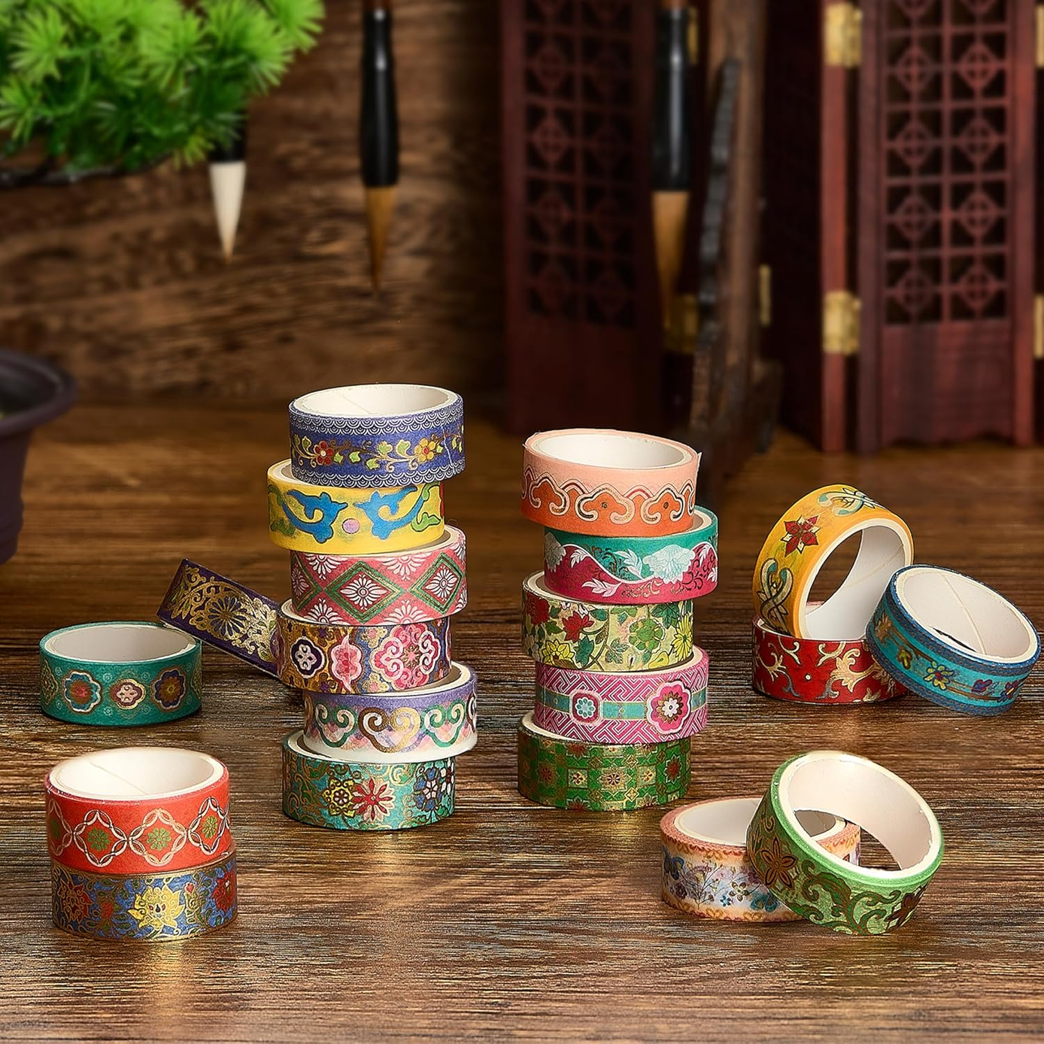 YUBBAEX 20 Rolls Chinoiserie Washi Tape Set Exotic Arts Masking Tape Gold Foil Floral Decorative for DIY Crafts, Bullet Journal Supplies, Planners, Scrapbook, Card/Gift Wrapping image number 5