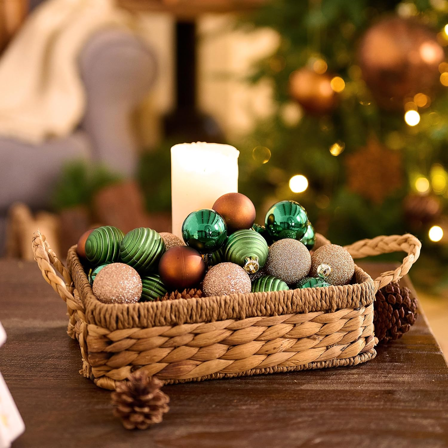 Valery Madelyn 1.57 Inches Small Christmas Tree Decorations Ornament Set for 4Th of July Fall Halloween, 24Ct Brown Green and Gold Shatterproof Hanging Ball Ornaments Holiday Party Decor image number 2