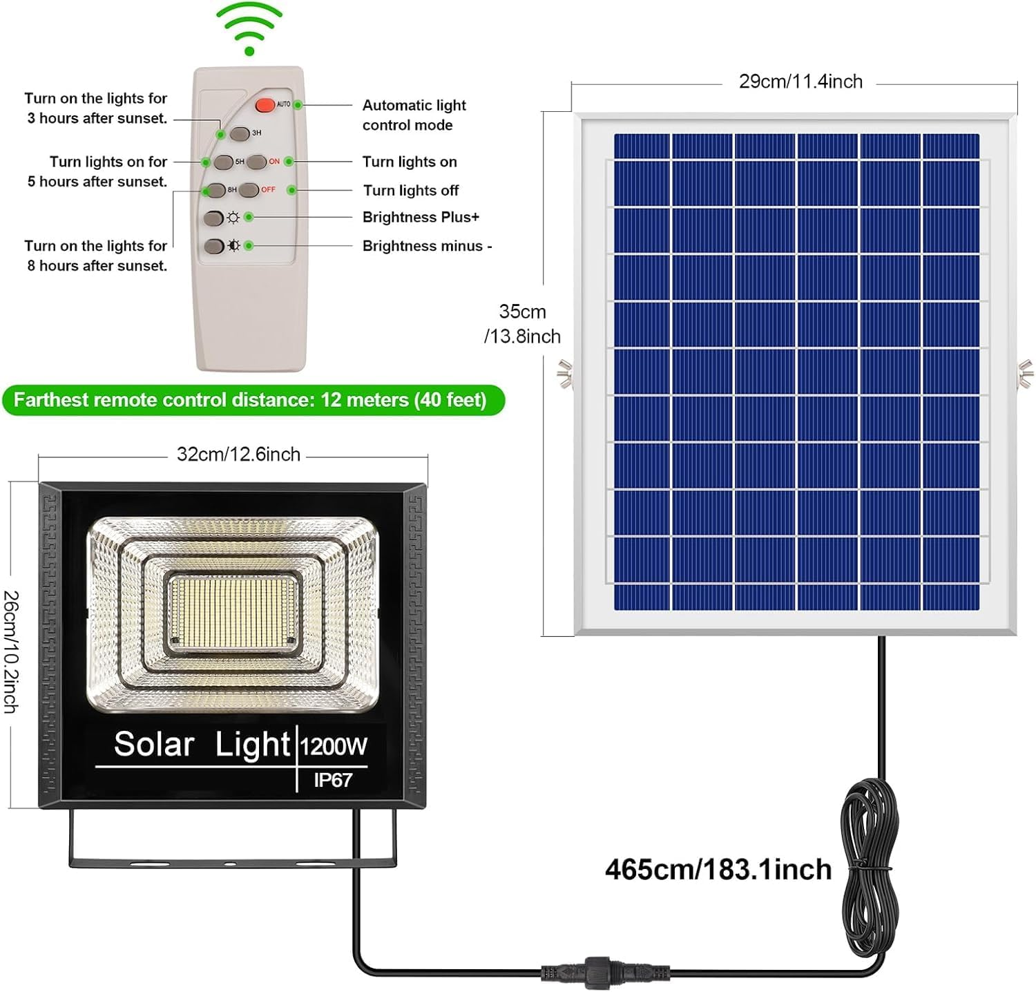 Solar Lights 1200W Outdoor Solar Wall Big Spotlight Garden 10000 High Lumens IP67 with Remote Control 5 Modes Adjustable Brightness from Dusk to Dawn Dimmable 6500K Black image number 5