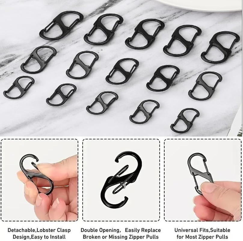 Cjeslna18Pcs Black Zipper Locks, Backpack Zipper Locks Dual S Shaped Carabiner Clips Keyring Keychain Quick Clip Theft Deterrent Double Spring Buckle Hook for Home Outdoor (Small, Large, Medium) image number 6