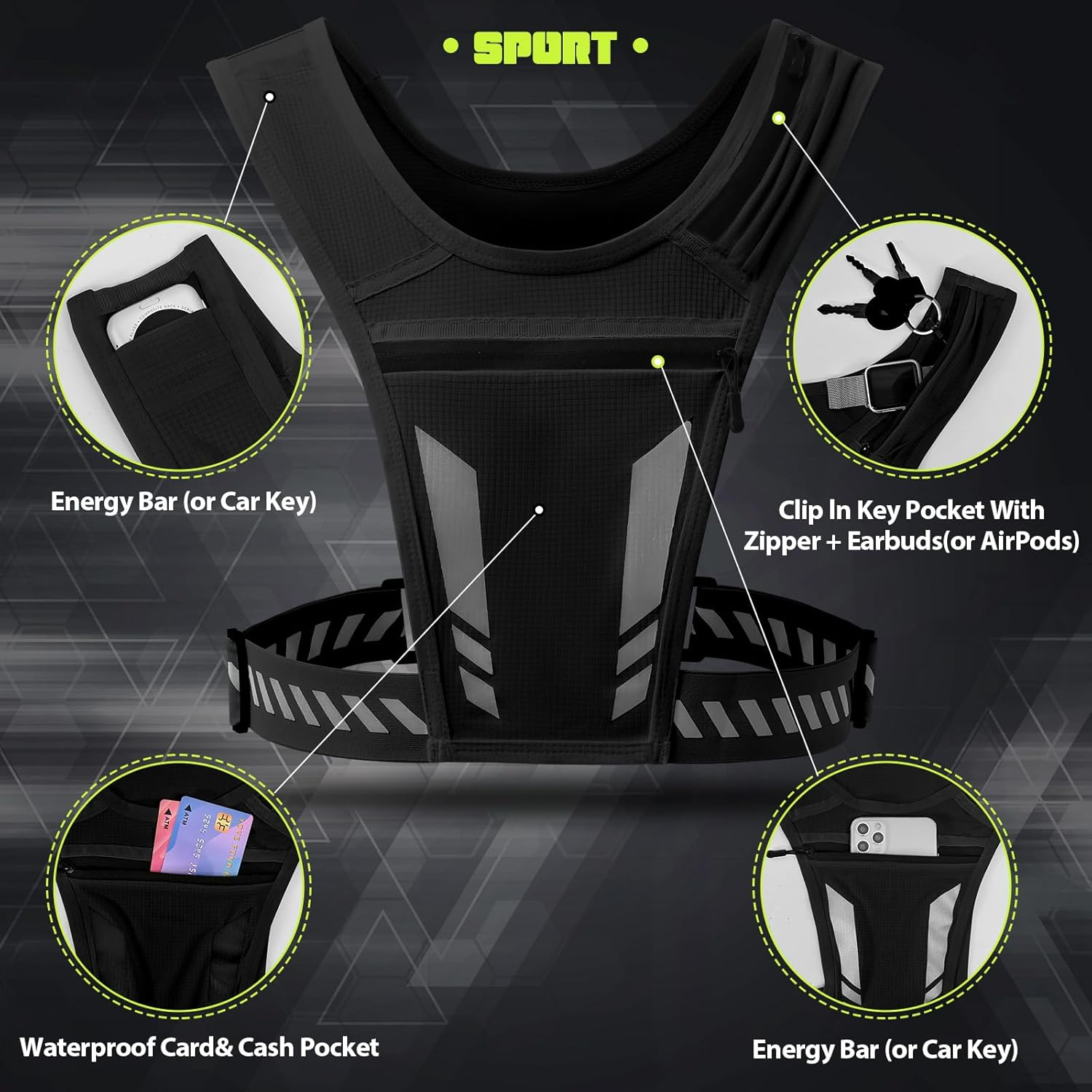 Wocharm Reflective Vest Chest Phone Holder, Adjustable Hydration Training Workout Gear for Nighttime Running Biking Motorcycle Dog Walking - Fluorescent Green image number 5