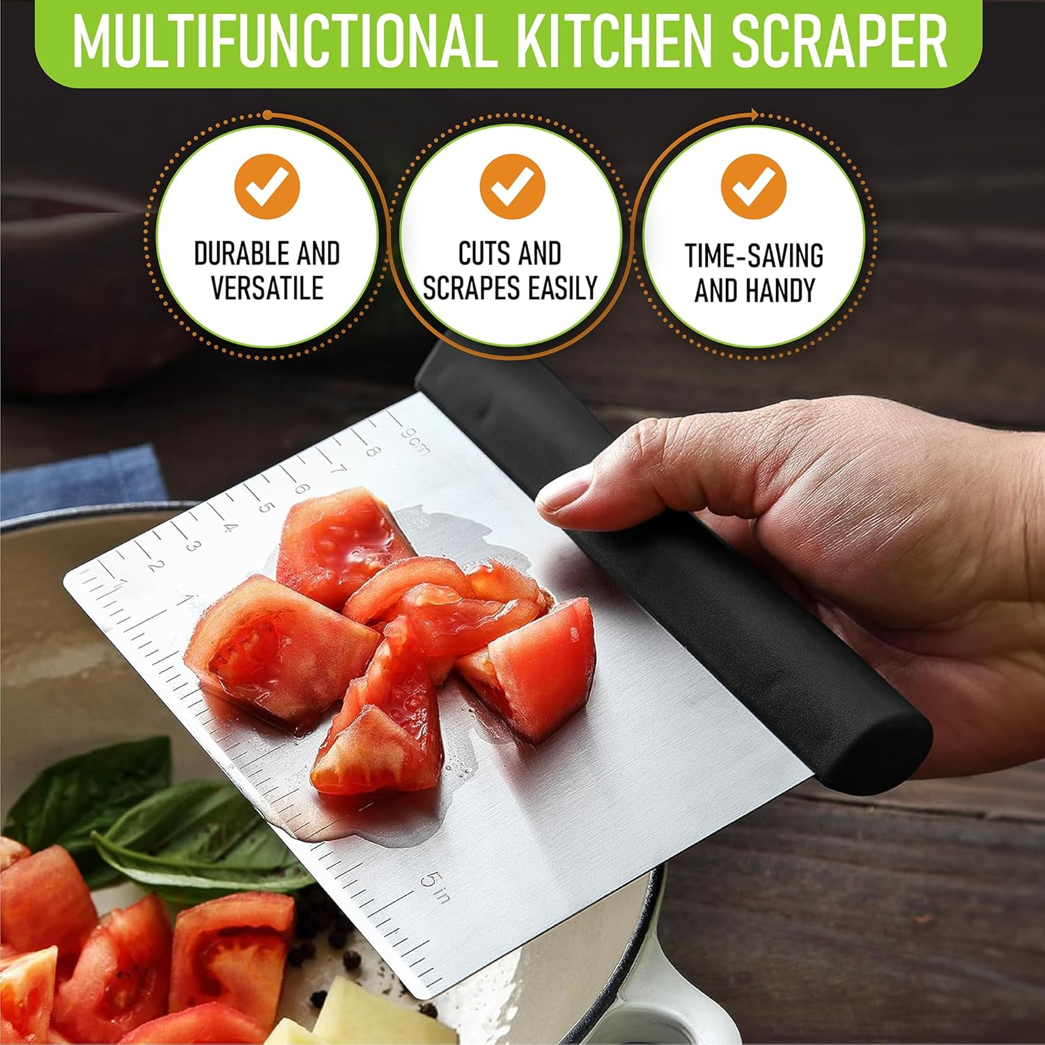 Spring Chef Dough Bench Scraper for Baking with Markings - Stainless Steel Kitchen Dough Cutter Tool with Bowl Pastry Scraper for Pizza, Bread, Pastries - Bench Knife - Dishwasher Safe - Black image number 2