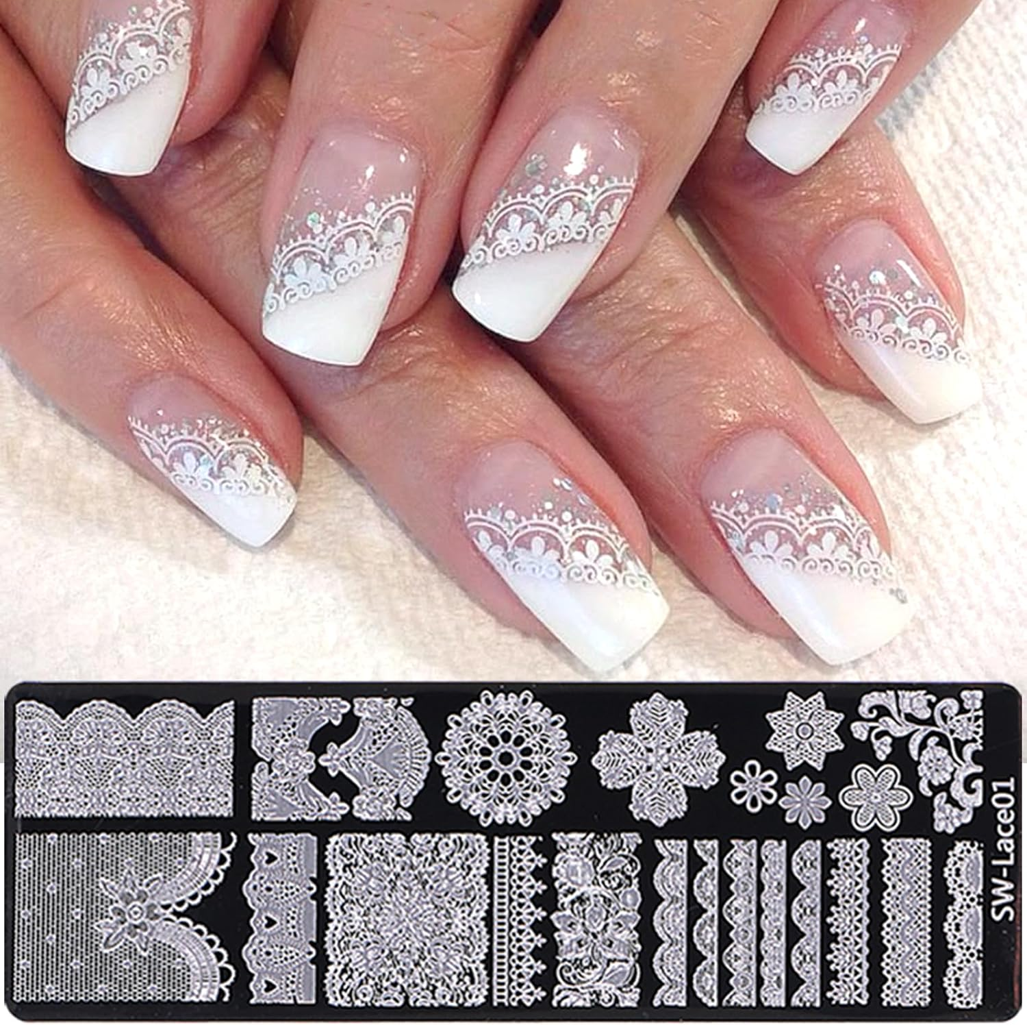 Lace Nail Stamping Plates Set French Tip Silicone Bow Design Nail Stamping Plates Nail Stamping Plates Laser Storage Bag Nail Stencils Supplies image number 1