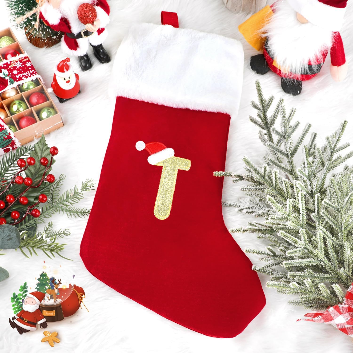 VEYLIN Embroidered Stockings Christmas 20 Inch Christmas Stockings with Letters, Plush Christmas Stockings Christmas Stockings for Kids/Adult Red Letter(T) image number 2
