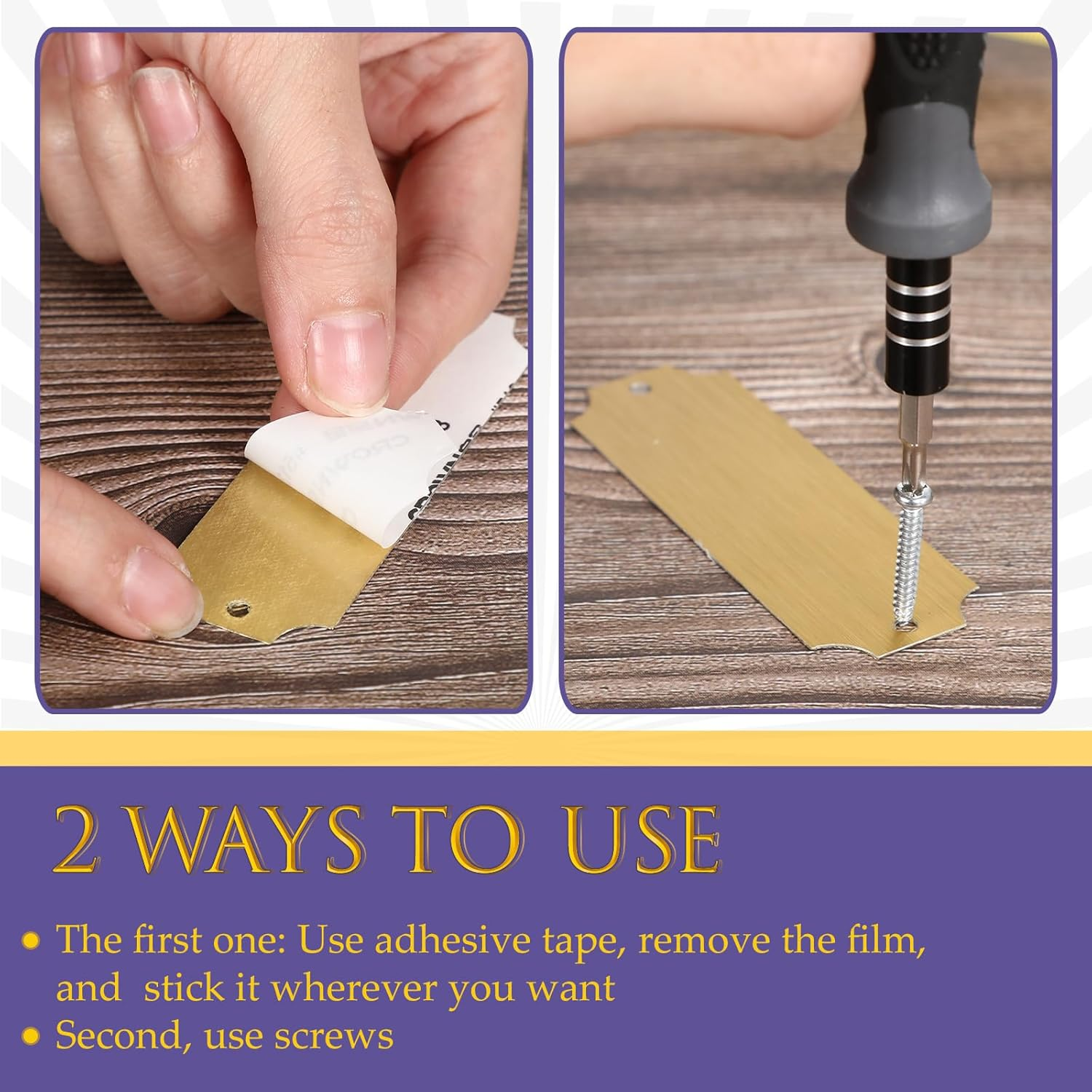 Yaocom 24 Pcs Name Plates Laser Engraved Brushed Solid Metal Plate Personalized Plaque Blank Name Tag with Adhesive Backing and Screws for Diy(Gold,Notched Corner)