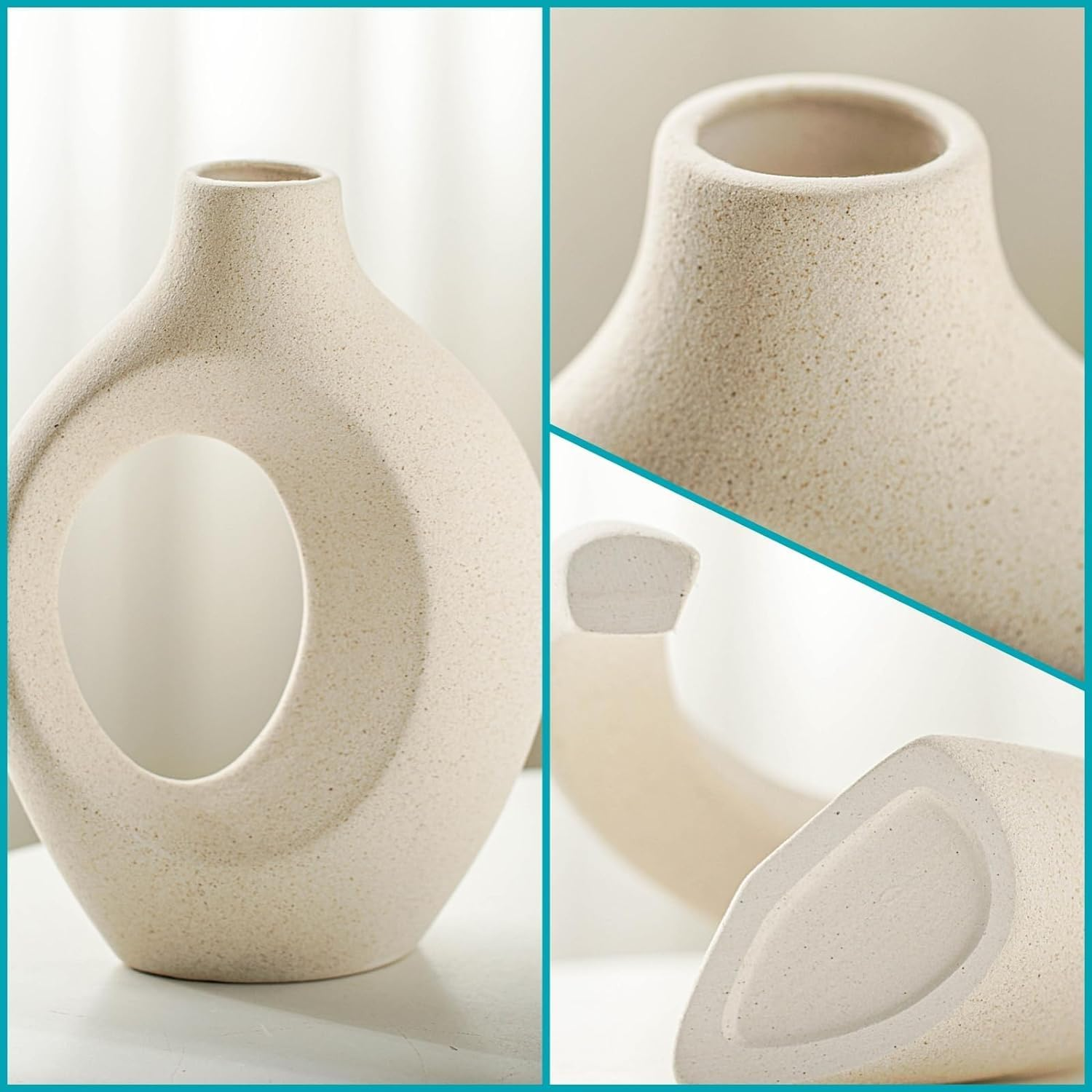 Snuggle Hollow Ceramic Vase Set of 2, Nordic Modern Boho Ins Style Decorative Ceramic Aesthetic Flower Vase for Home Decor (Milky White W 6.3" X H 8.4") image number 3