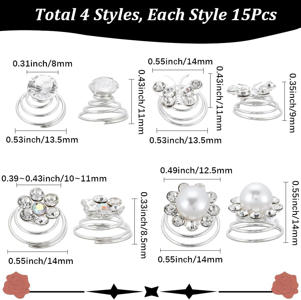 SOFPLATE 1 Box 4 Styles 60Pcs Pearl Twist Hair Pins Rhinestone Hair Pins Bulk Imitation Pearl Sparkle Diamond Flower Butterfly Hairpin for Wedding Bridal Party Prom Christmas Birthday Gift Women Adult image number 2