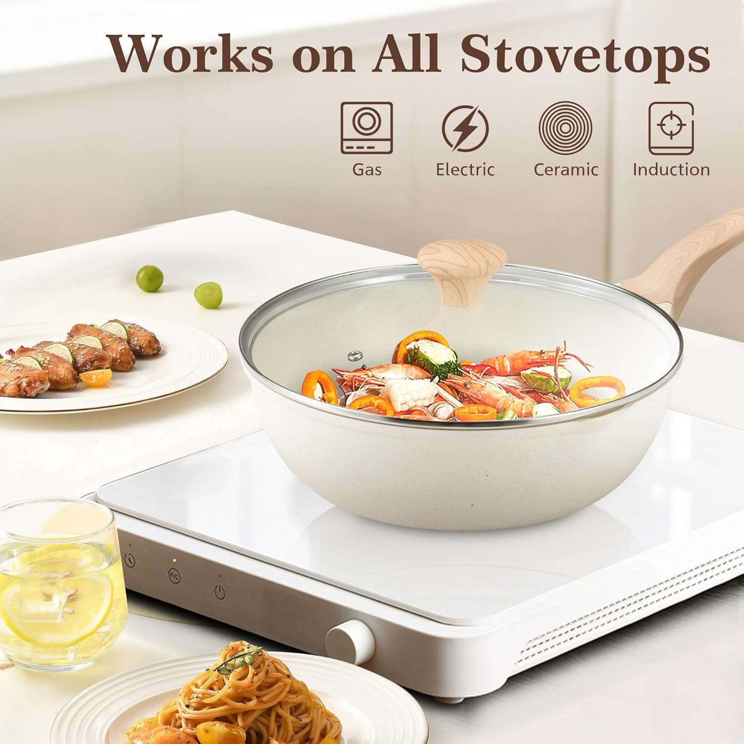 Zuni 13 Pcs Pots and Pans Set, Nonstick Ceramic Cookware Set, Non-Toxic Cooking Utensils Set Includes Frypan, Saucepan, Stockpot, Spatula & Spoon Tools and Pot Protectors, PFOA & PFOS Free, White image number 3