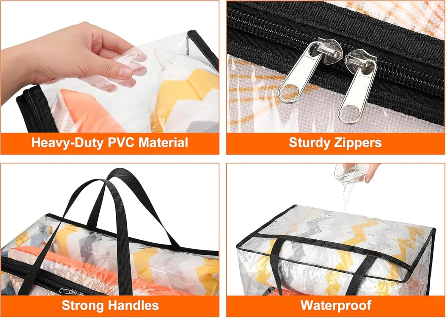 4 Pack Clear Plastic Clothes Storage Bags, 40L Blanket Storage Bag，Foldable Moving Bags with Zipper for Clothes, Reinforced Handle for Loft Wardrobe for Bedding, Comforters, Dolls image number 5
