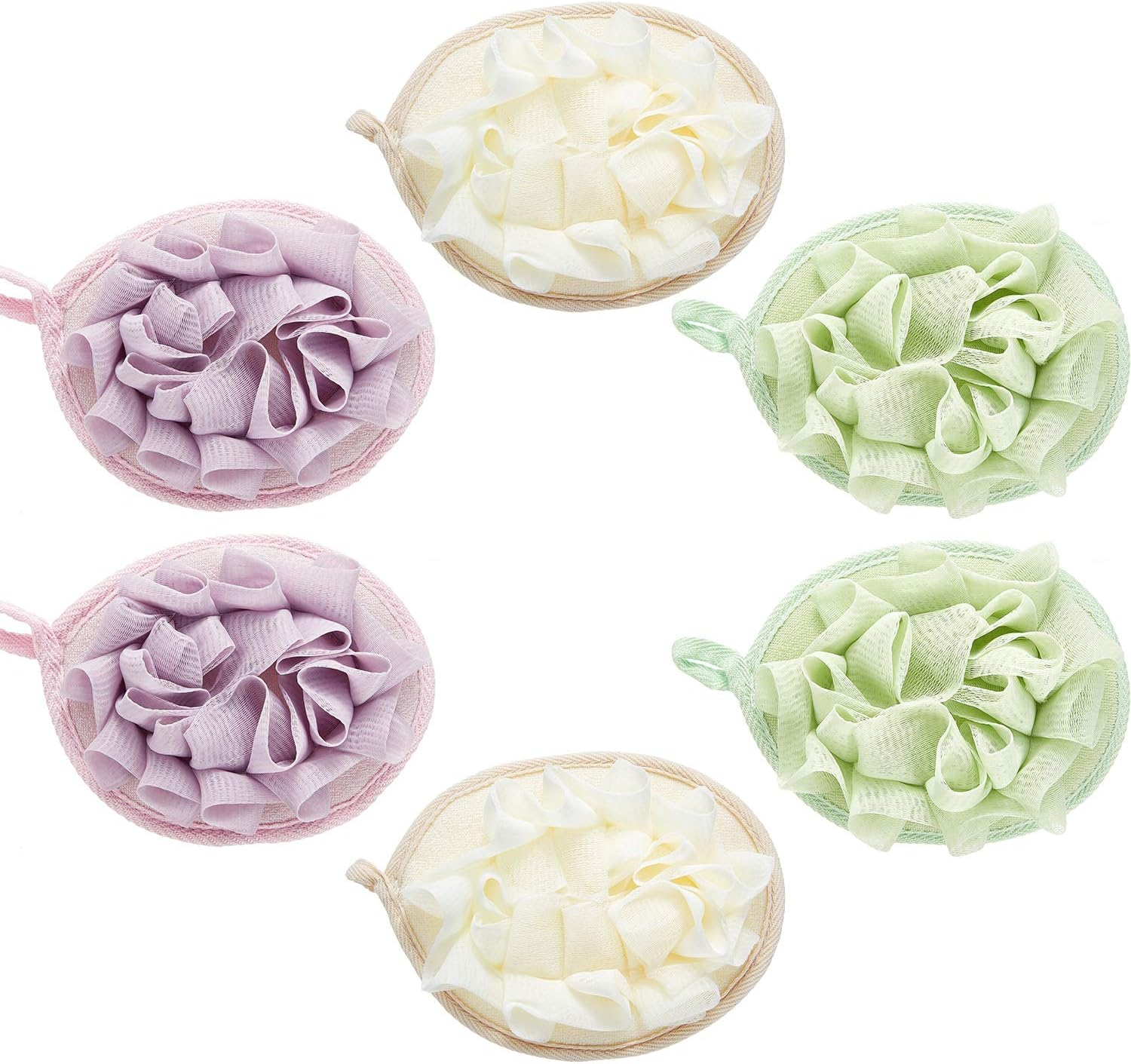 Boao Bath Shower Pouf Sponge Mesh Pouf Shower Ball Exfoliating Body Sponge Pad Scrubber Glove with Flower Bath Ball(3 Pcs,Purple)
