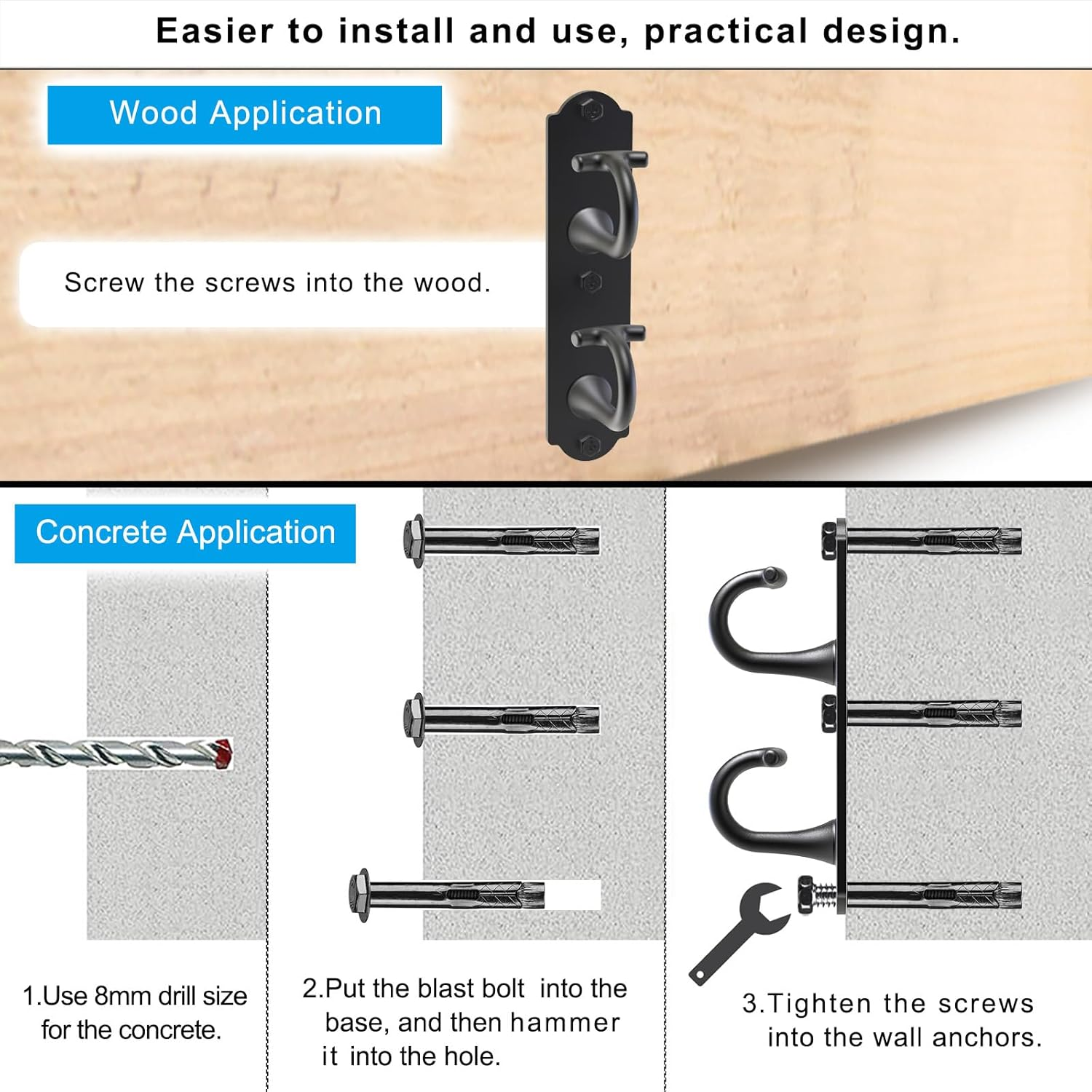 Kipika Wall Mount Workout Anchors with Dual Hooks - Heavy Duty Steel Home Gym Anchors for Resistance Bands, Strength Training & Physical Therapy- Space-Saving Hooks with Secure G-Shaped Design, 3 Pack