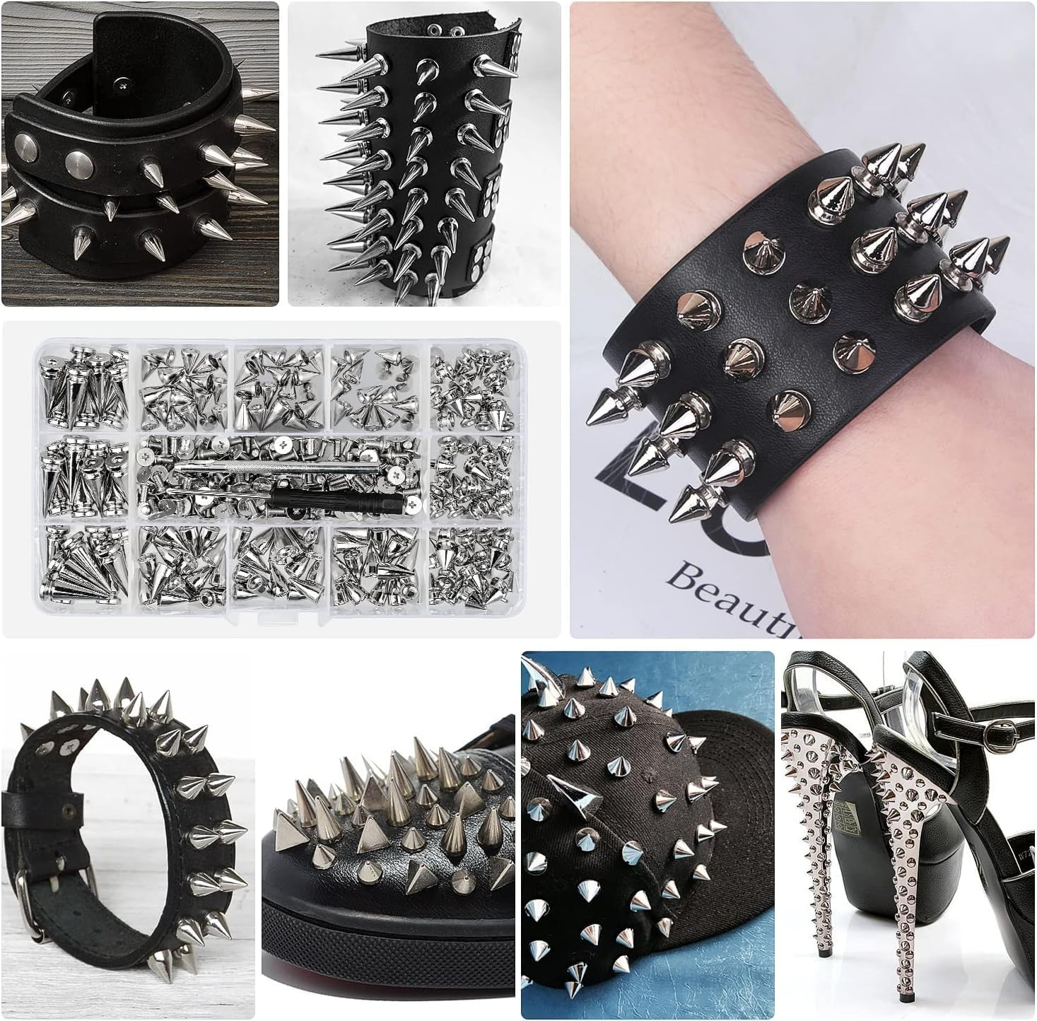 180 Sets Multiple Size Cone Spikes for Clothing Silver Color Screw, Studs and Spikes for DIY Leathercraft Decoration Punk Rock Style, Dog Collars Rivet for Leather Craft, Belts, Bags, Shoes (Silver)
