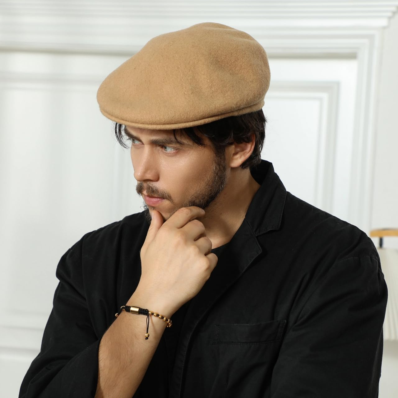 Wool Blend Mens Newsboy Caps, Classic Flat Cap Ivy Cabbie Gatsby Hat Winter Beret Hat for Men - Coffee image number 4